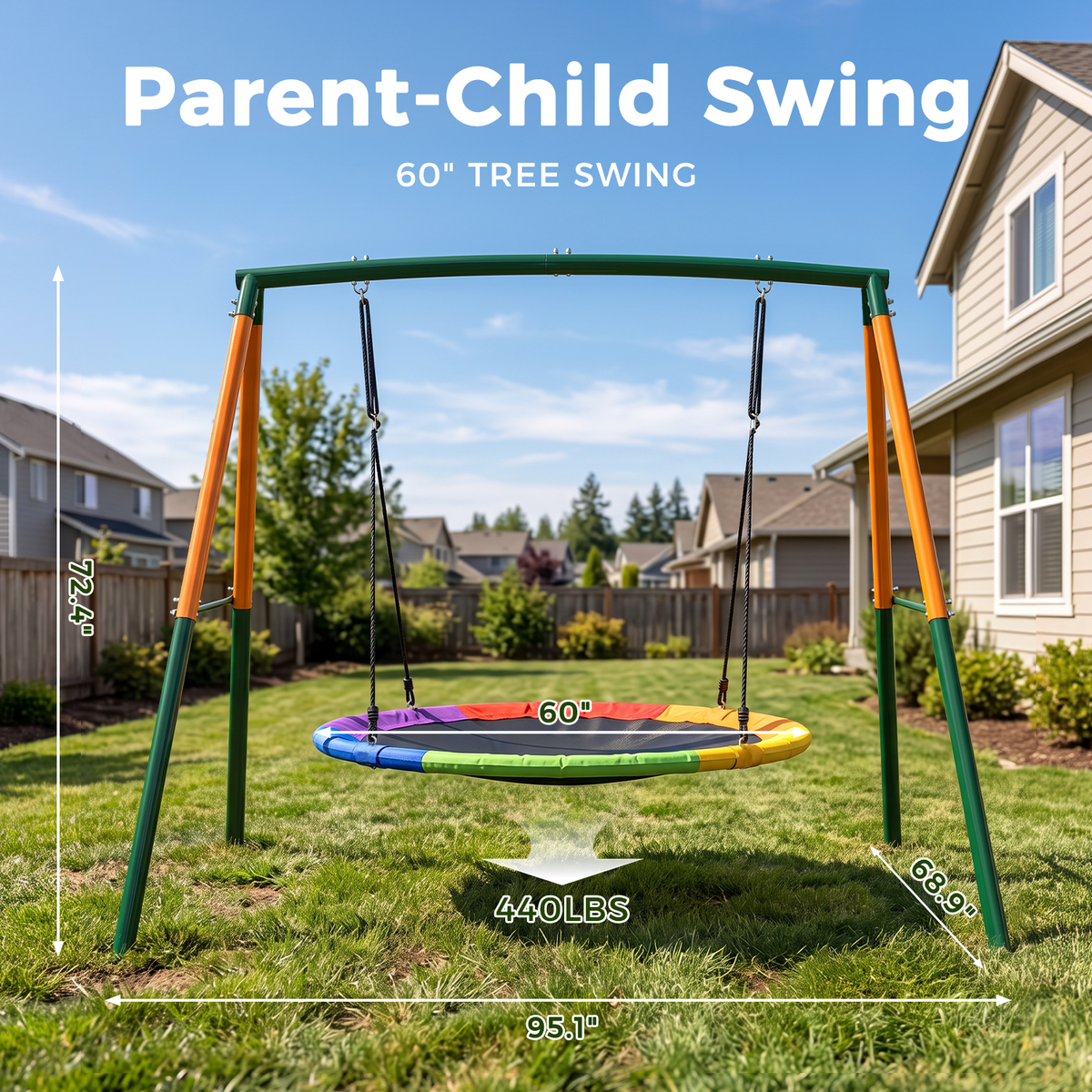 Kdymod 60 Inch Saucer Swing Set with 900D Oxford Disc Seat, Double A‑Frame Heavy Duty Metal Swing Set, Backyard Outdoor Playground for Kids Ages 3‑10, Green