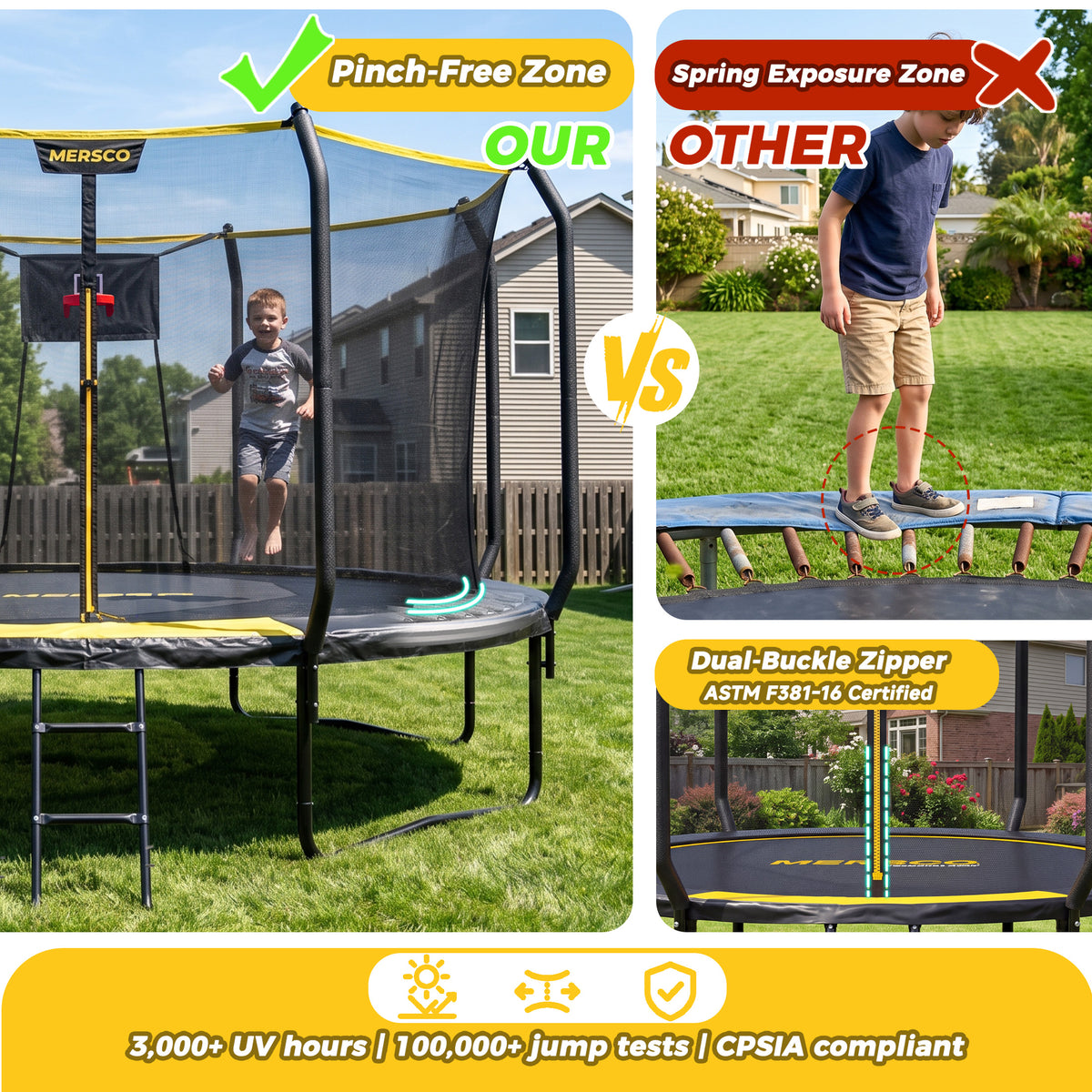 Mersco 8FT Kids Trampoline with Solar LED Lights & Basketball Hoop, ASTM Certified Heavy Duty Outdoor Trampoline with Enclosure Net and Ladder for Backyard Family Fun, Jumping Trampoline SUPER