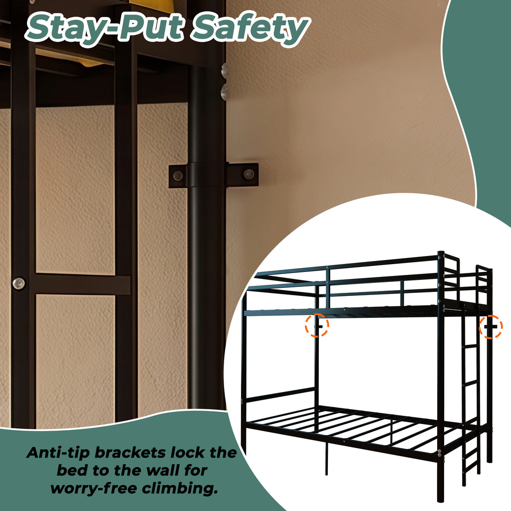 Kdymod Twin over Twin Metal Bunk Bed with Storage, Ladder & Safety Guardrail, Space-Saving Heavy Duty Bed Frame for Adults & Teens, No Box Spring Needed, Black
