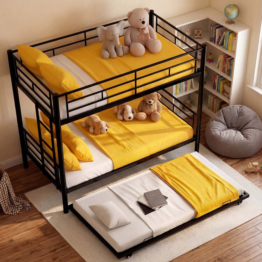 Kdymod Triple Bunk Bed Twin over Twin with Trundle, Convertible Metal Bunk Bed Frame with Ladder & Safety Guardrail, Space-Saving for Teens and Adults, Bedroom Dorm, Black