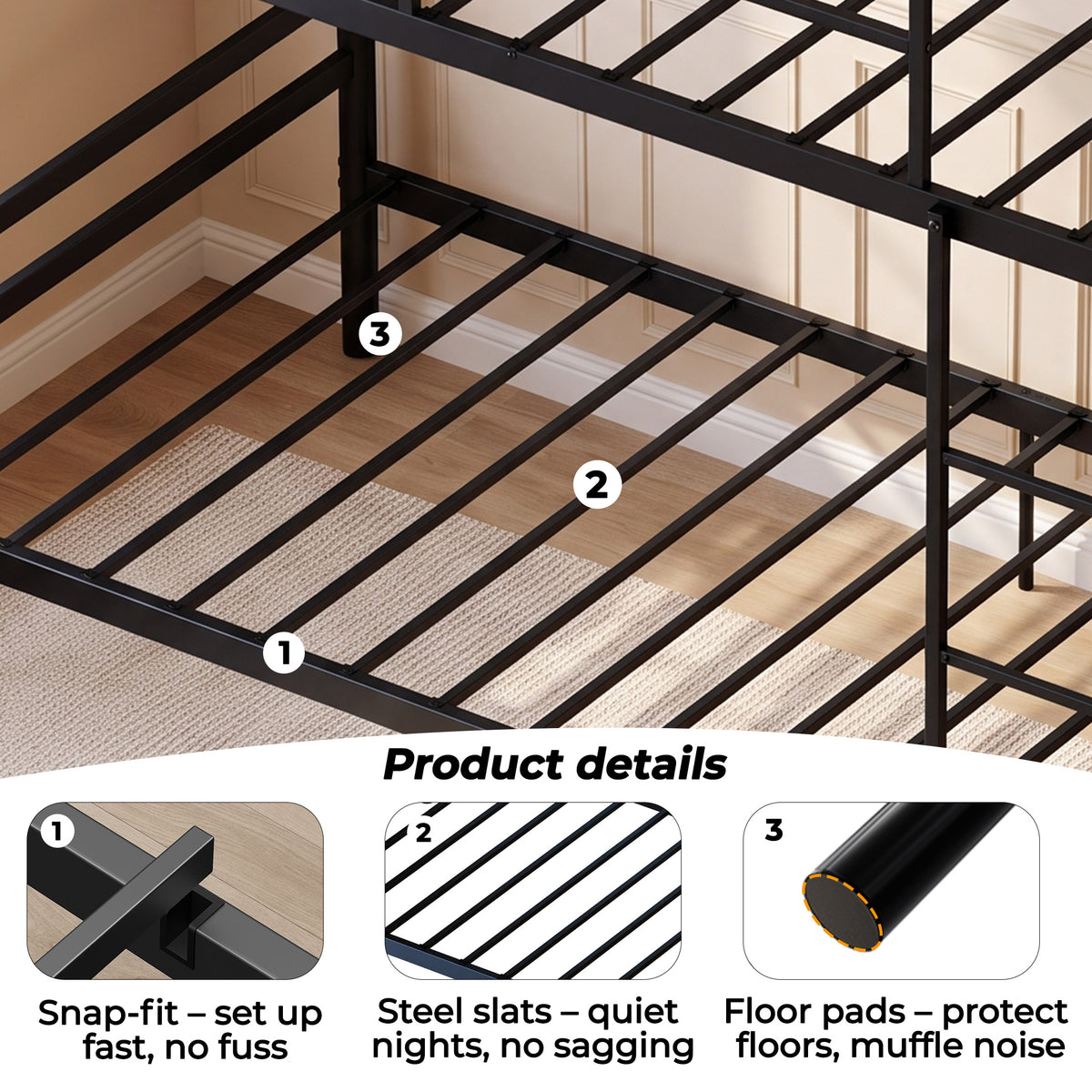 Kdymod Twin over Twin Metal Bunk Bed with Convertible 2-in-1 Design, Metal Bunk Bed Frame with Ladder & Safety Guardrail, Space-Saving for Teens and Adults, Black