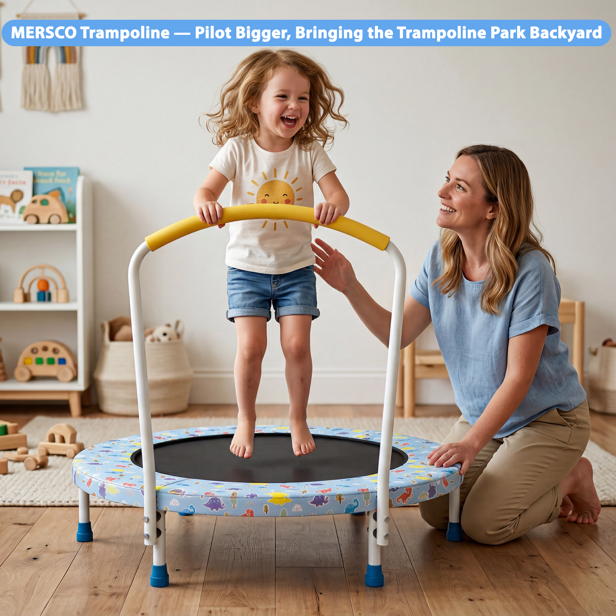 Mersco 36" Trampoline for Kids Indoor Trampoline with Handle for 2+ Years Kids Print Blue