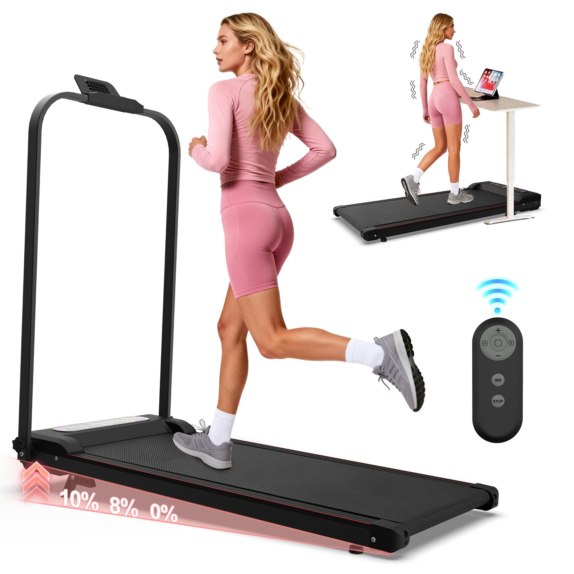Kdymod Foldable Treadmill with Vibration Function,2 in 1 Walking Treadmill with Handle Bar & Incline,Under Desk Walking Pad with LED Display & Remote,300 Lbs Capacity,Black