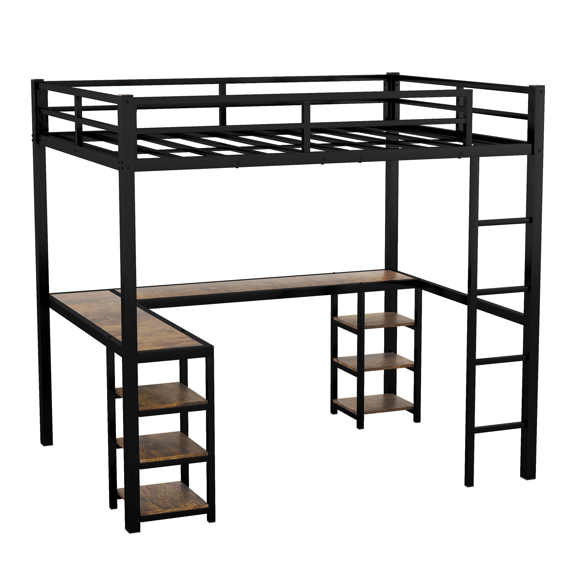 Uiowio Full XL Metal Loft Bed with L-Shaped Desk Underneath & 6 Shelves & Storage, Space-Saving Bed Frame with Built-in Ladder & Safety Guardrail, for Teens