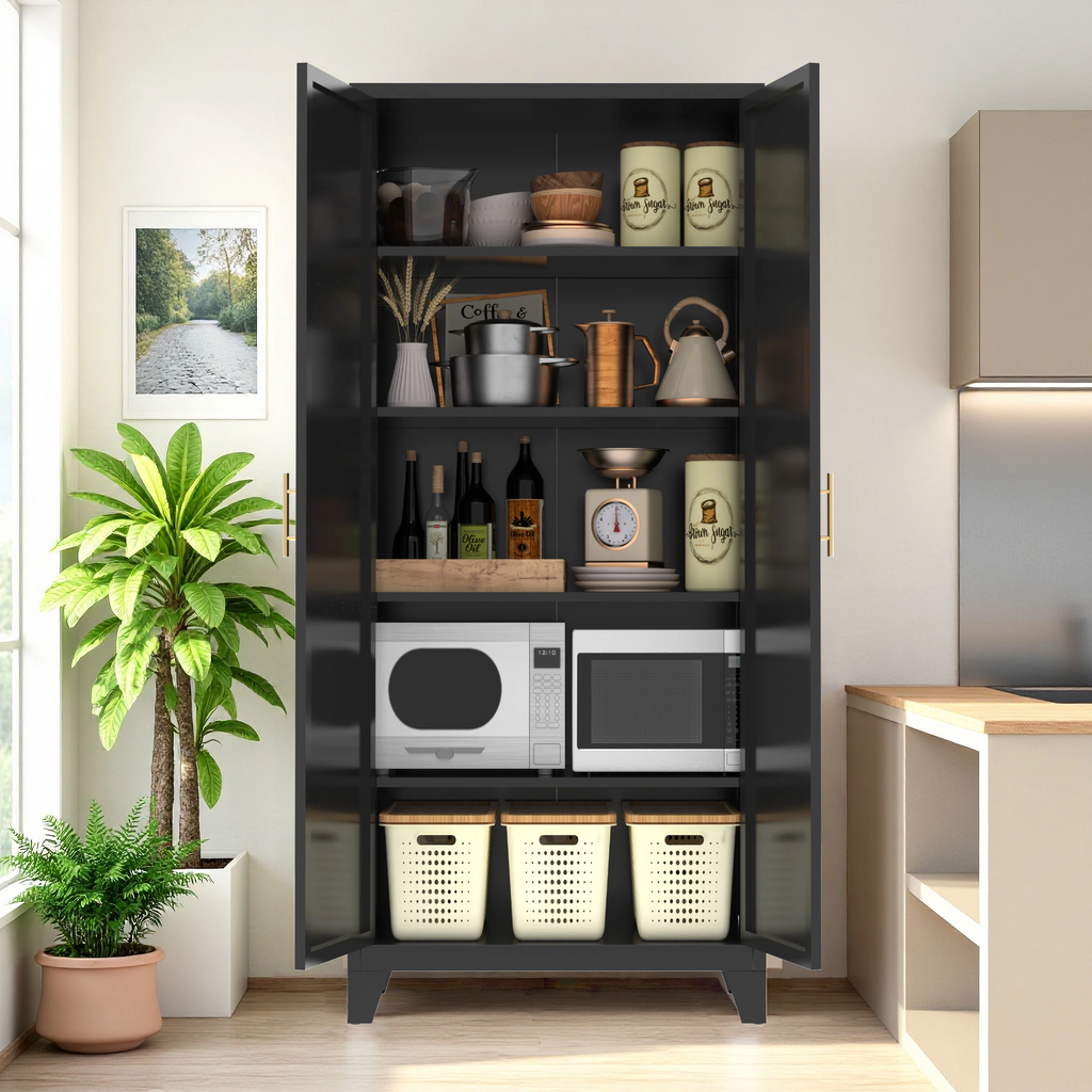 Uiowio 71" Height Metal Storage Cabinet, Modern Tall Steel Pantry Cupboard with 2 Shapely Doors and Adjustable Shelves for Kitchen Garage and Home,Black
