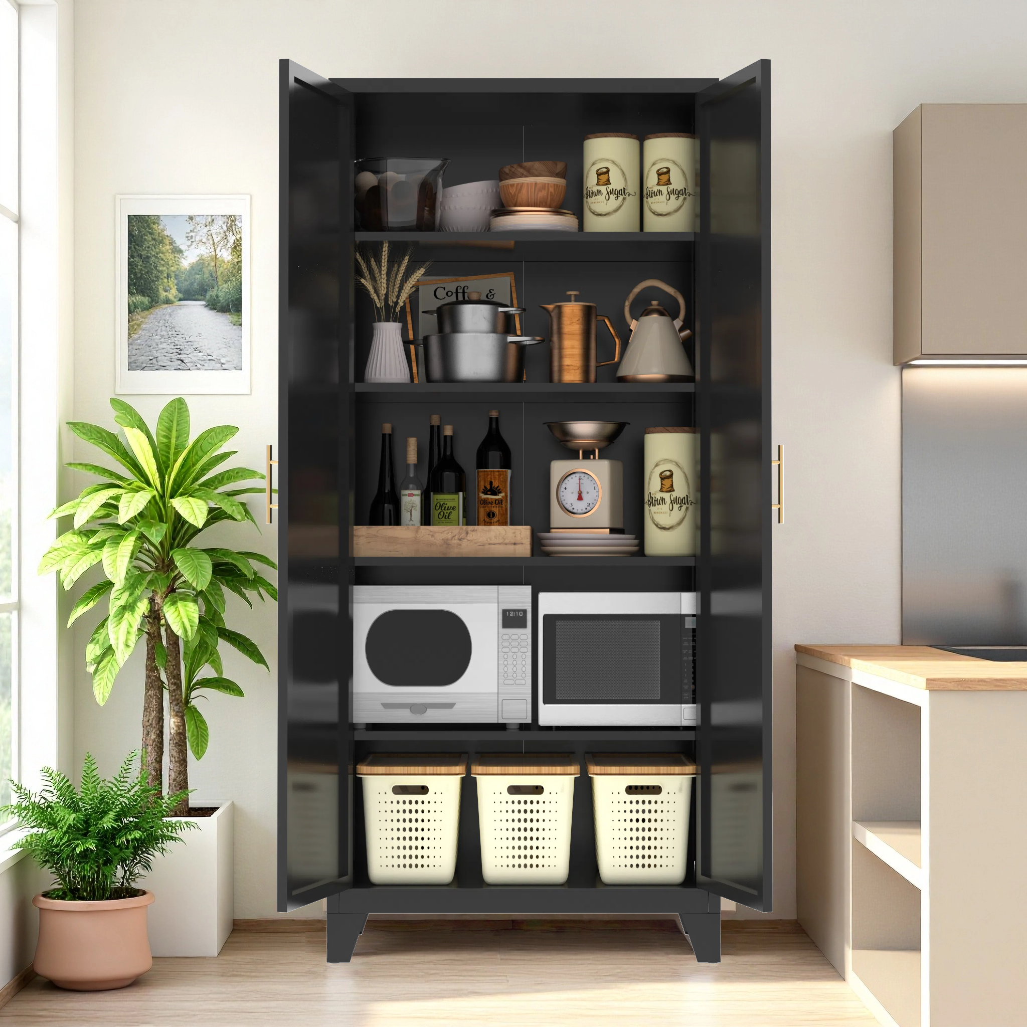Uiowio 71" Height Metal Storage Cabinet, Modern Tall Steel Pantry Cupboard with 2 Shapely Doors and Adjustable Shelves for Kitchen Garage and Home,Black