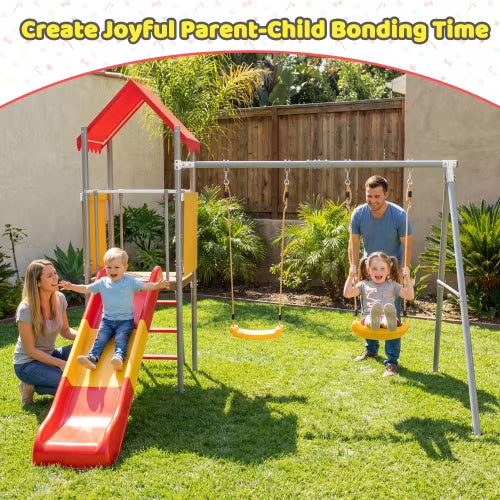 Kdymod Swing Sets for Backyard, Heavy Duty Outdoor Playset with Slide, 2 Swing Seats, Canopy Roof & Flat-Step Ladder, Kids Playground Set for Ages 3-8