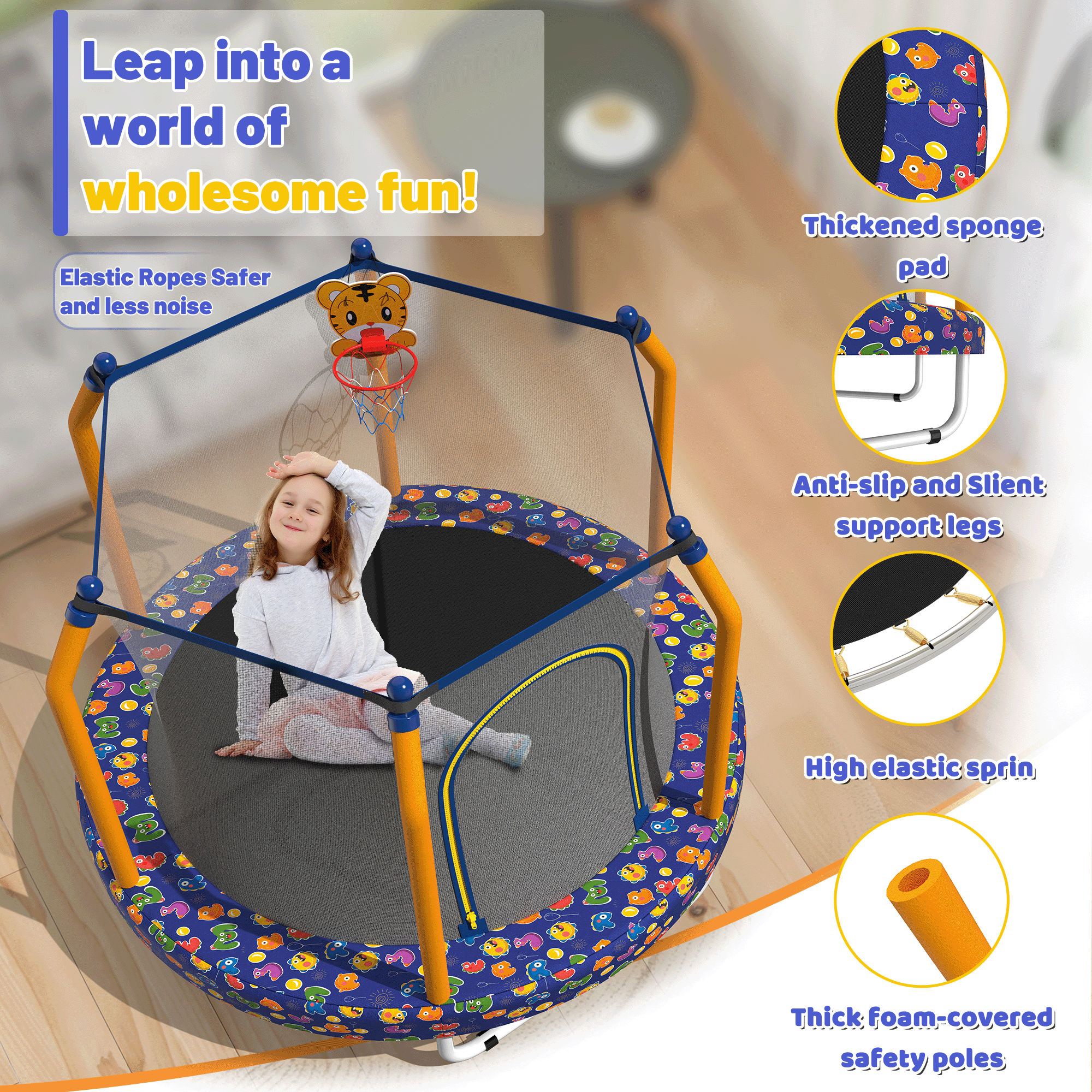 Mersco 55 inch Toddler Trampoline,Mini Trampoline for Kids with Enclosure and Basketball Hoop,Indoor and Outdoor Small Trampoline with Boxing Bag,Adjustable Gym Bar,Gifts for Boys & Girls,Orange