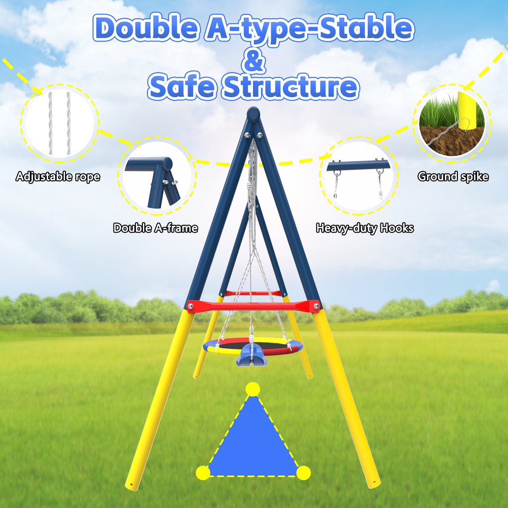 Mersco 3-in-1 Swing Set for Backyard with Slide, Swing Heavy Duty 440lbs Metal Outdoor Swing Stand, Contain 1 Saucer 32" and 1 Belt Seat 26.2" ,Slide for Playground, Backyard Playset
