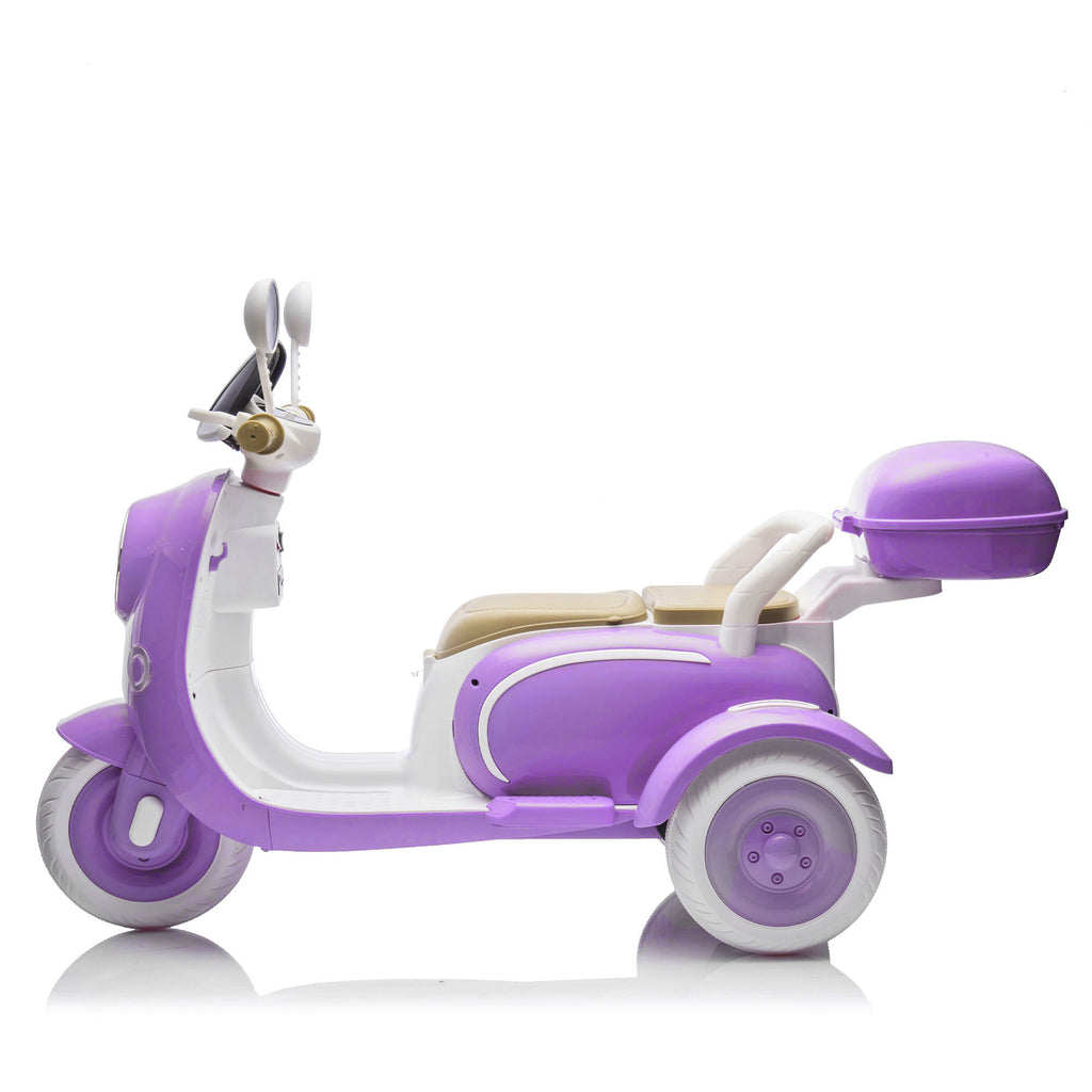 CIRUI 2 Seater 12V Kids Motorcycle, 3 Wheel Ride Dual Motorcycle, Suitable for 3-6 Years Old Children Toy 12V Electric Motorcycle, Suitable for Children, with Front Light/USB/Storage Box Purple