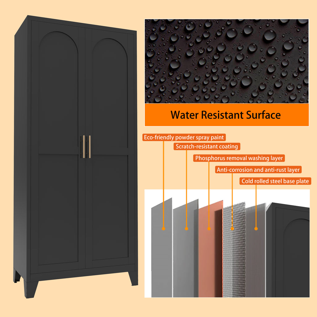 Uiowio 71" Height Metal Storage Cabinet, Modern Tall Steel Pantry Cupboard with 2 Shapely Doors and Adjustable Shelves for Kitchen Garage and Home,Black