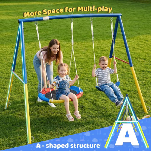 Kdymod Heavy Duty 440lbs Double Swing Set with Stand, Metal A-Frame Swing Set for Backyard, Includes 32" Saucer Disc & 26.2" Belt Seat, Outdoor Playset for Playground