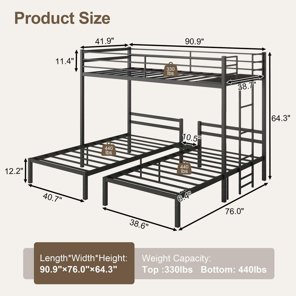 Netrum Triple Bunk Bed for Teens Adults,Heavy Duty Metal Bunk Beds Frame, with Ladder & Storage, Safe Guardrail, Twin over Twin over Twin Bunk Bed, No Box Spring Needed
