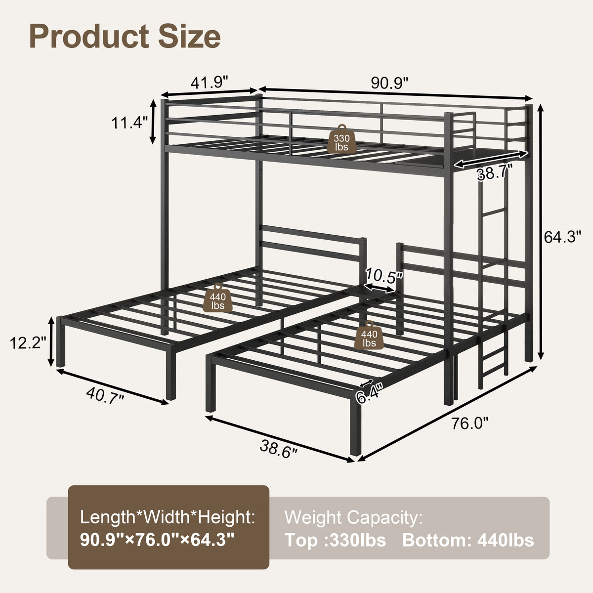 Netrum Triple Bunk Bed for Teens Adults,Heavy Duty Metal Bunk Beds Frame, with Ladder & Storage, Safe Guardrail, Twin over Twin over Twin Bunk Bed, No Box Spring Needed