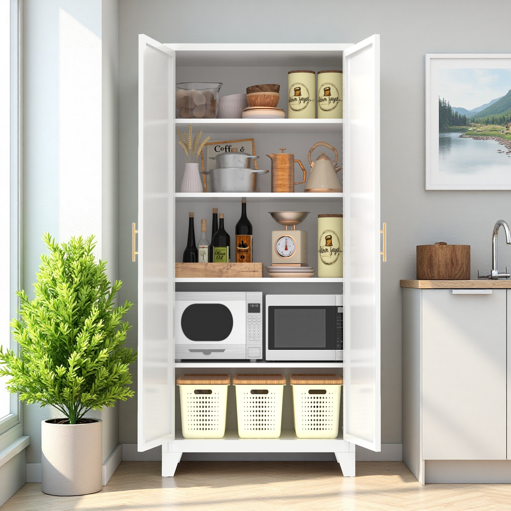 Uiowio 71" Height Metal Storage Cabinet, Modern Tall Steel Pantry Cupboard with 2 Shapely Doors and Adjustable Shelves for Kitchen Garage and Home, White