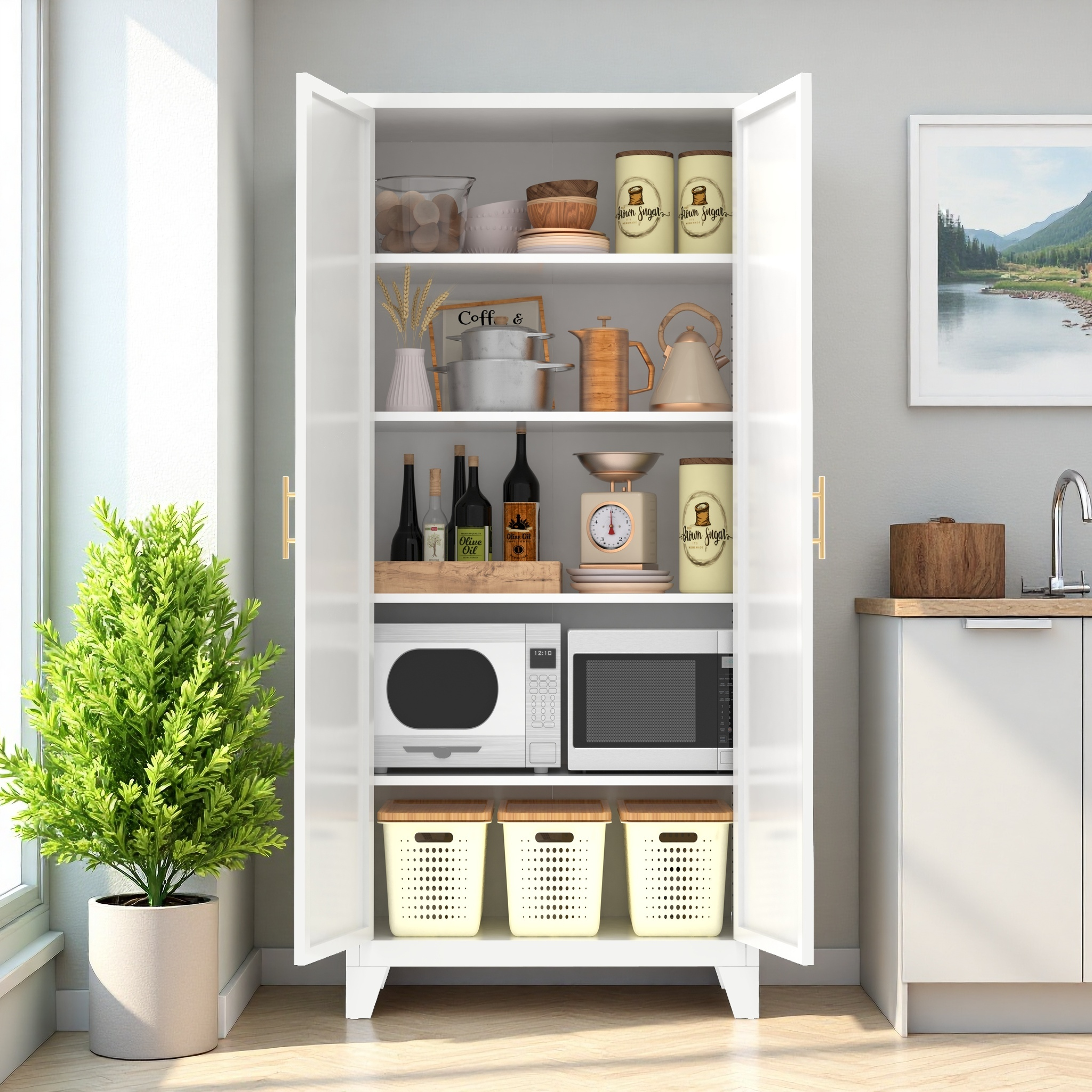Uiowio 71" Height Metal Storage Cabinet, Modern Tall Steel Pantry Cupboard with 2 Shapely Doors and Adjustable Shelves for Kitchen Garage and Home, White