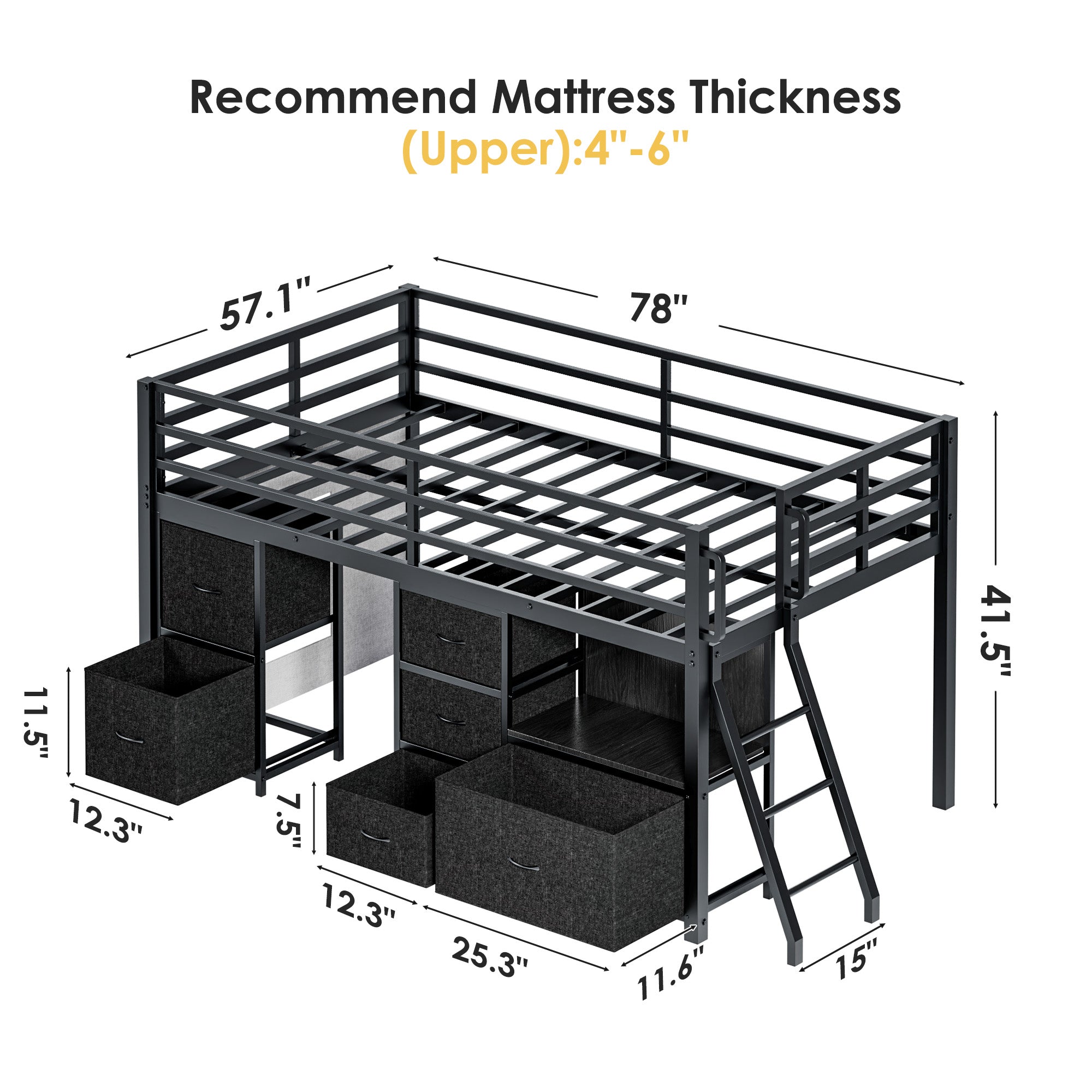 Kdymod Loft Bed Twin with 6 Storage Drawers & Shelf,Teens Adult Loft Bed with LED Lights & Play Curtain,Metal Twin Loft Storage Bed Frame with Ladder & Safety Guardrail for Bedroom Small Room
