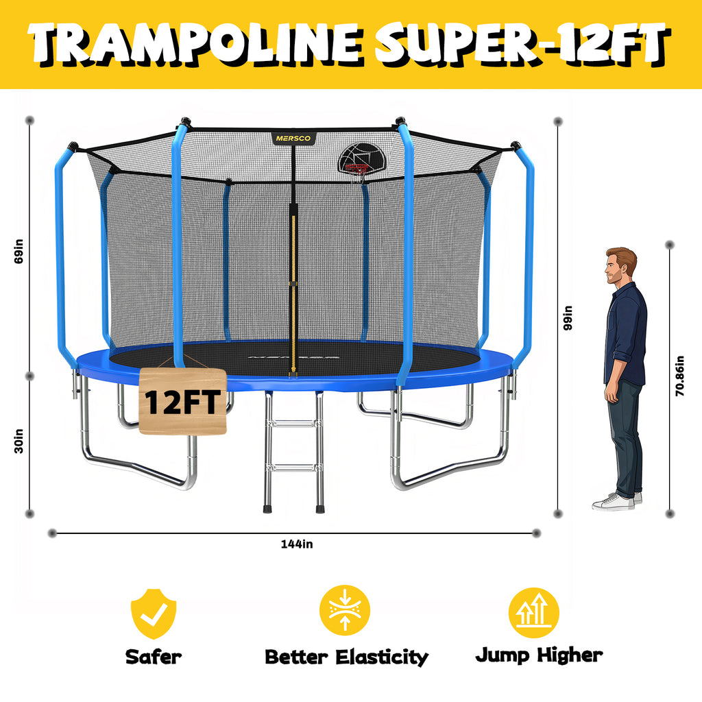 Mersco 12ft Trampoline for Kids and Adults,No-Gap Design Outdoor Trampoline with Basketball Hoop,Enclosure Net and Ladder,Jumping Trampoline SUPER for Boys and Girls Birthday Gift,Blue