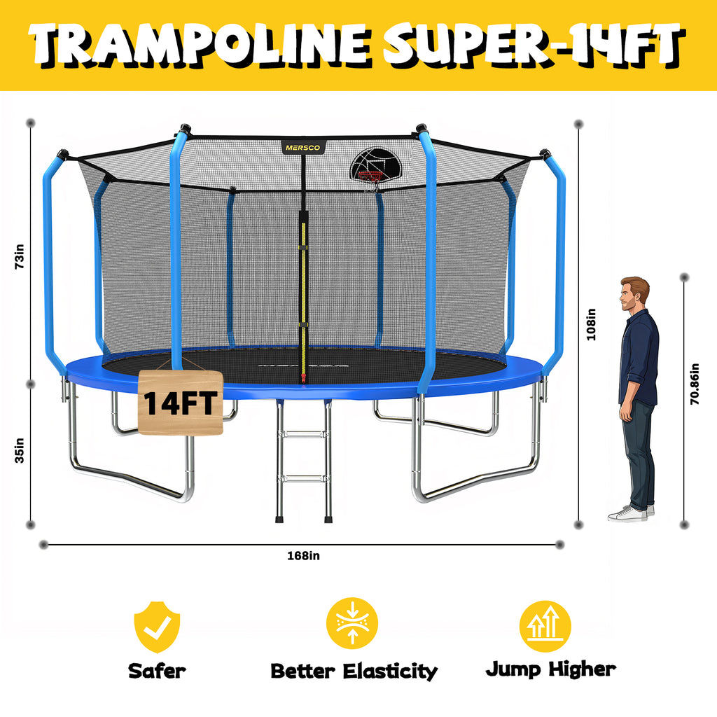 Mersco 14ft Trampoline for Kids and Adults,No-Gap Design Outdoor Trampoline with Basketball Hoop,Enclosure Net and Ladder,Jumping Trampoline SUPER for Boys and Girls Birthday Gift,Blue