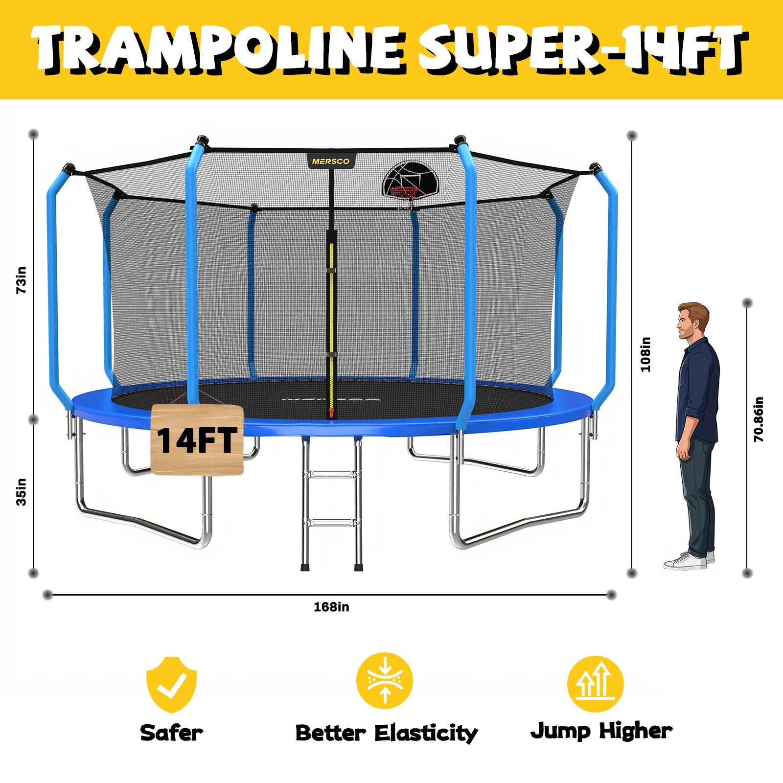 Mersco 14ft Trampoline for Kids and Adults,No-Gap Design Outdoor Trampoline with Basketball Hoop,Enclosure Net and Ladder,Jumping Trampoline SUPER for Boys and Girls Birthday Gift,Blue