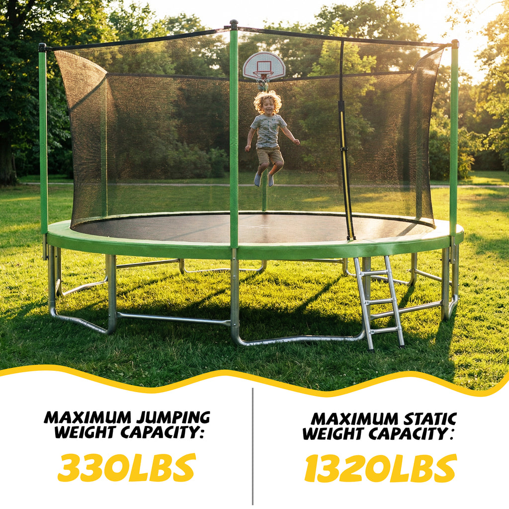 Mersco 15ft Trampoline for Kids and Adults,Outdoor Trampoline with Enclosure,Basketball Hoop and Ladder,Upright-Poled Backyard Trampoline,Jumping Trampoline PLAY for Boys and Girl Birthday Gift,Green