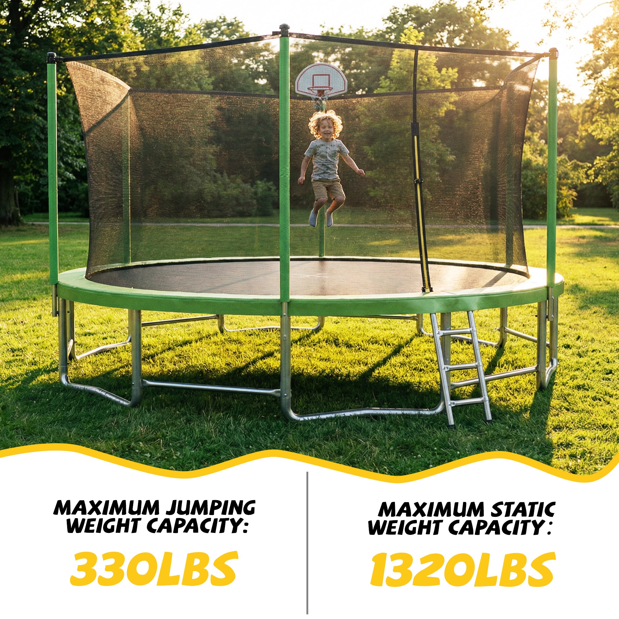 Mersco 15ft Trampoline for Kids and Adults,Outdoor Trampoline with Enclosure,Basketball Hoop and Ladder,Upright-Poled Backyard Trampoline,Jumping Trampoline PLAY for Boys and Girl Birthday Gift,Green