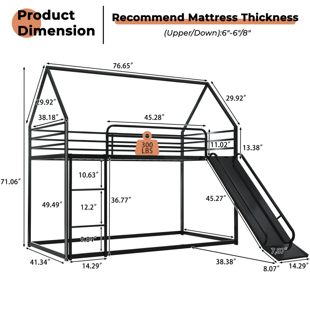 Uiowio Twin over Twin Bunk Bed with Stairs, Floor Bunk Bed Frame with Convertible Slide, Heavy Duty Metal Low Bed with House Shape and Roof, Black