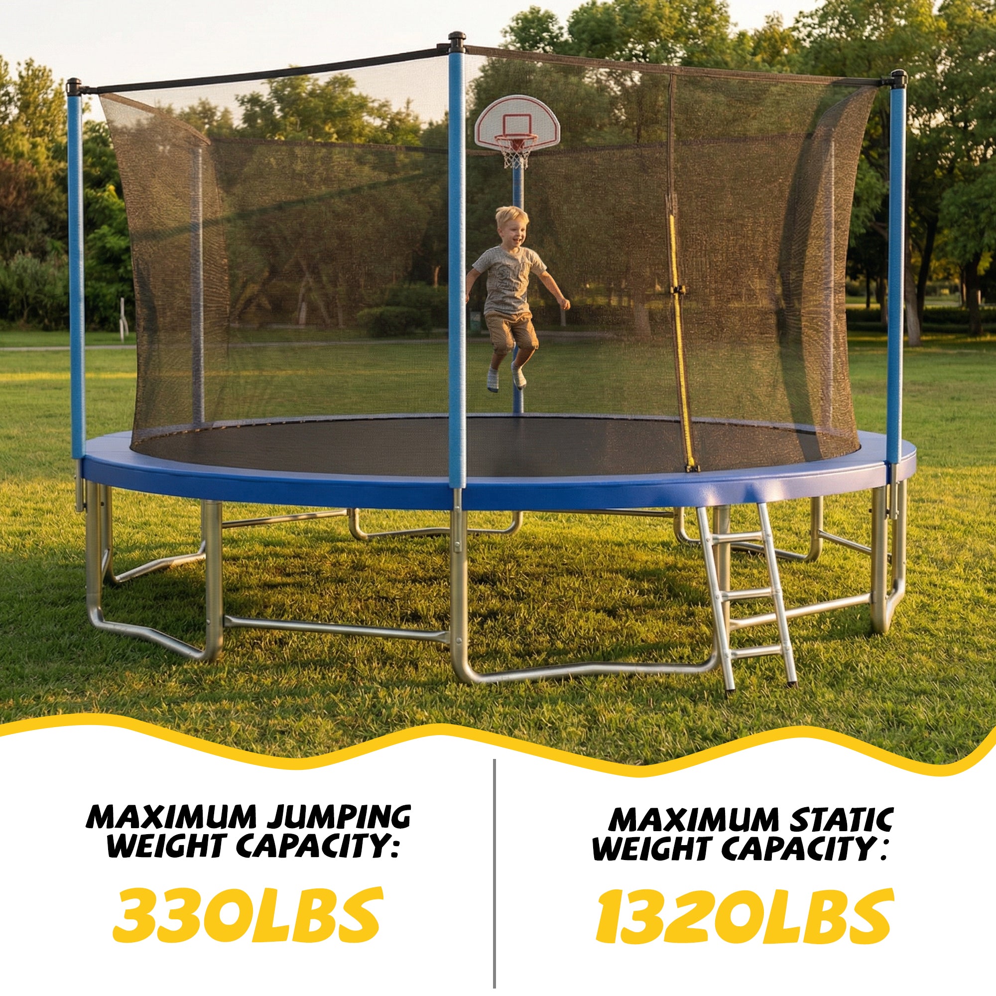 Mersco 15ft Trampoline for Kids Adults,Outdoor Upright-Poled Trampoline with Enclosure,Basketball Hoop and Ladder,Jumping Trampoline PLAY for Boys and Girls Birthday Gift ,Blue