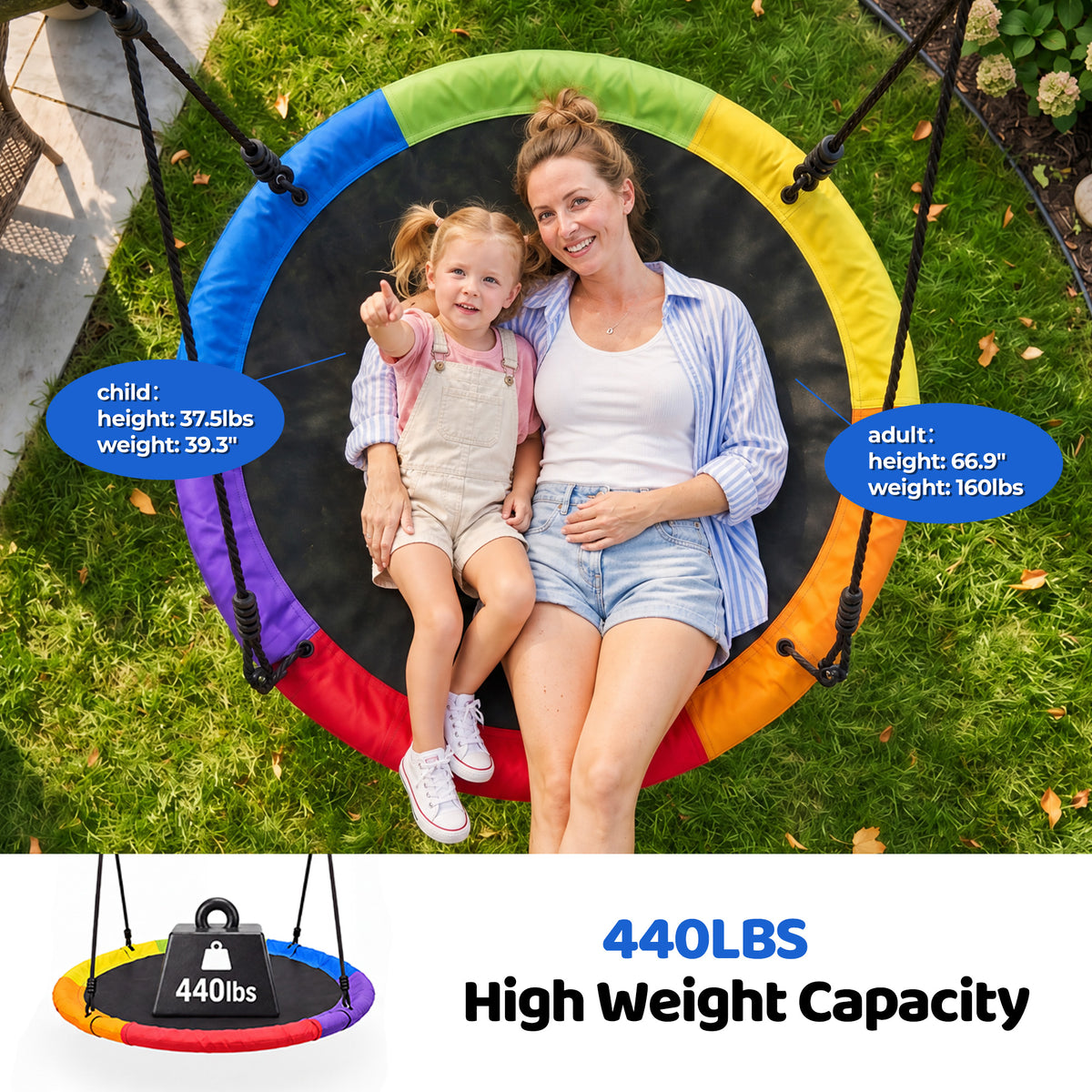 Mersco 48"Swing Set for Backyard with Stand,440 LBS Saucer Swing for Kids Outdoor with Heavy-Duty Metal Frame & Adjustable Ropes Round Swing,Blue