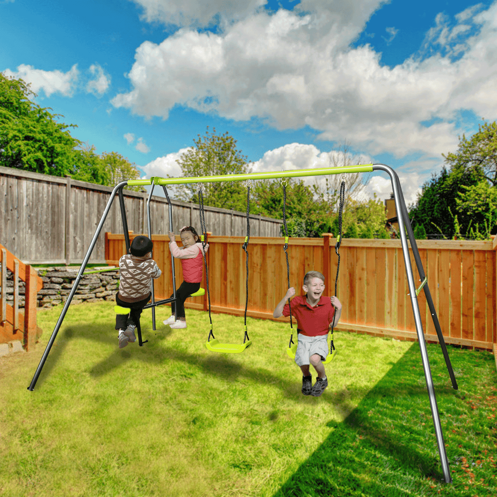 Mersco 3 in 1 Kids Metal Swing Seat for Backyard, Heavy-Duty Outdoor Playsets for Playground ,Outside Toys with Teeter-Totter and Two swing for Aged 3+,Green