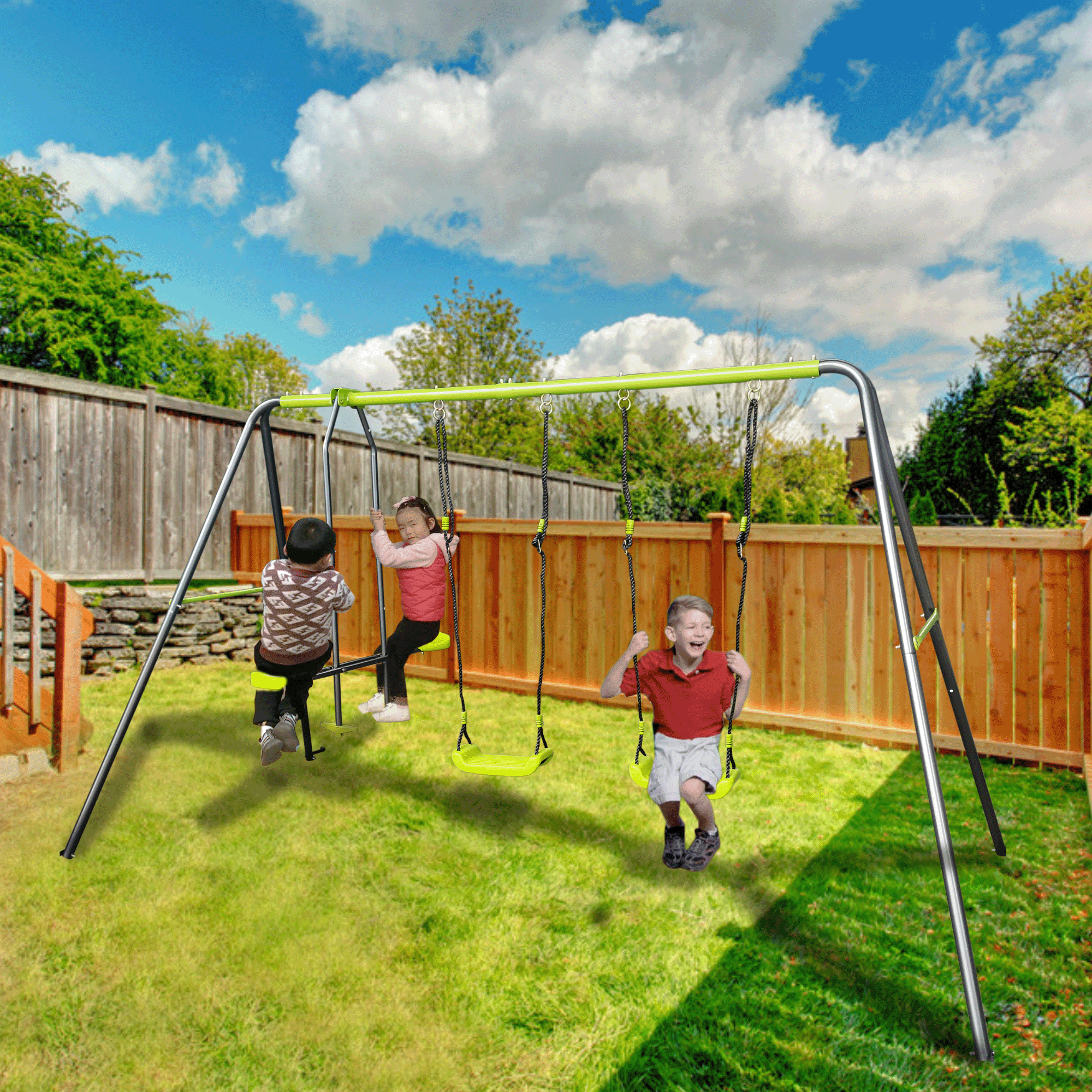 Mersco 3 in 1 Kids Metal Swing Seat for Backyard, Heavy-Duty Outdoor Playsets for Playground ,Outside Toys with Teeter-Totter and Two swing for Aged 3+,Green