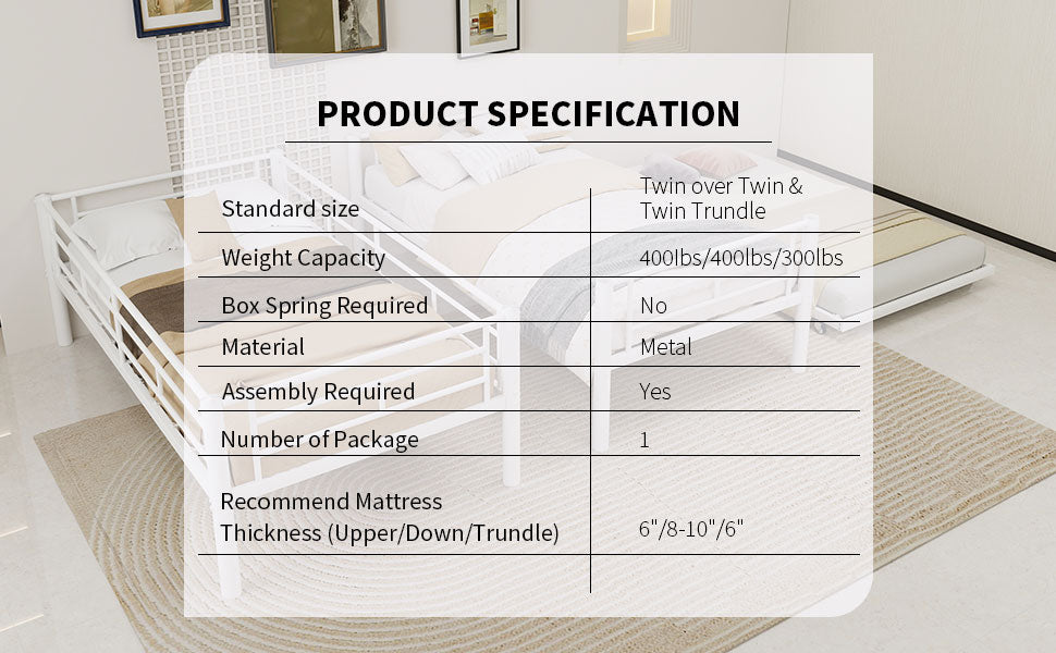 Uiowio Triple Bunk Bed Twin over Twin with Trundle,Triple Twin Bunk Bed with Ladder & Guardrail,Metal Convertible Triple Bunk Bed Frame for Teen & Adult,Bedroom,Dorm,White (Mattress not included)