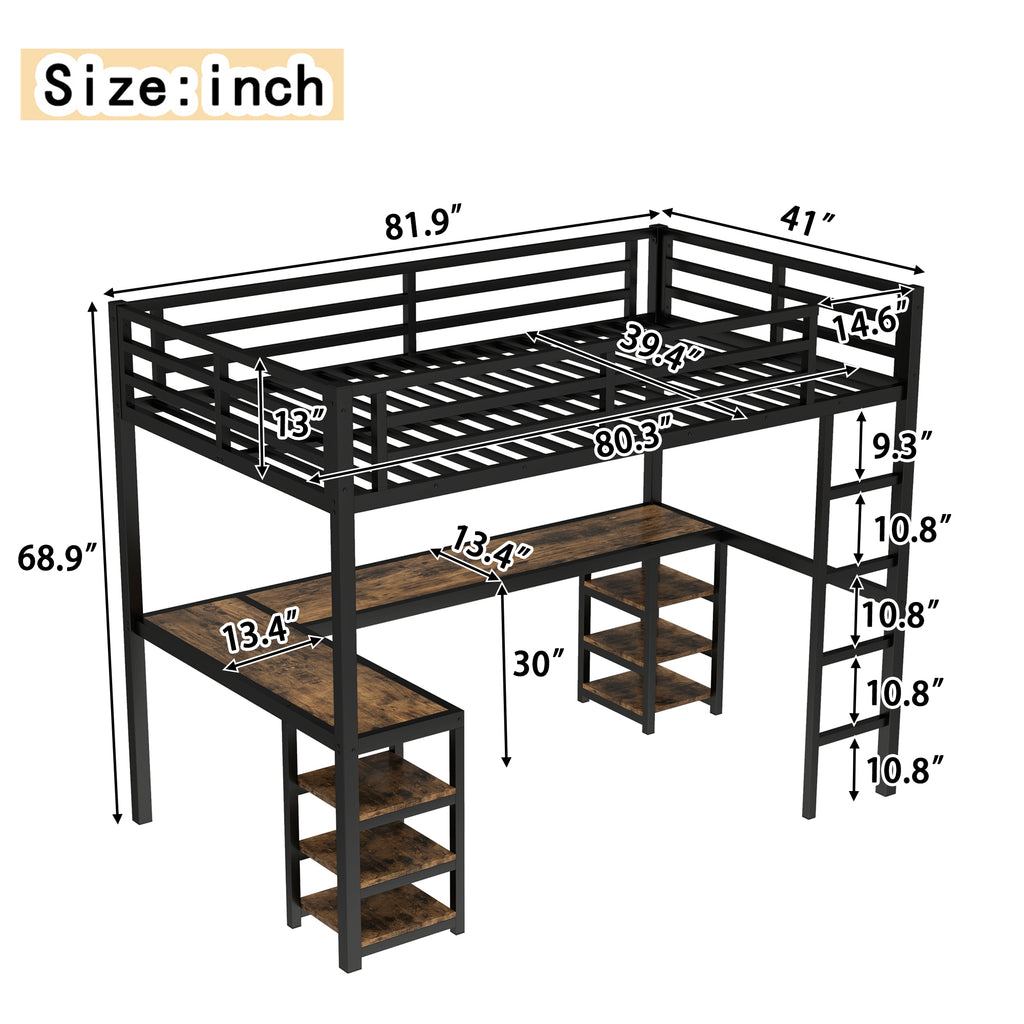 Uiowio Twin XL Metal Loft Bed with L-Shaped Desk Underneath & 6 Shelves & Storage, Space-Saving Bed Frame with Built-in Ladder & Safety Guardrail, for Teens