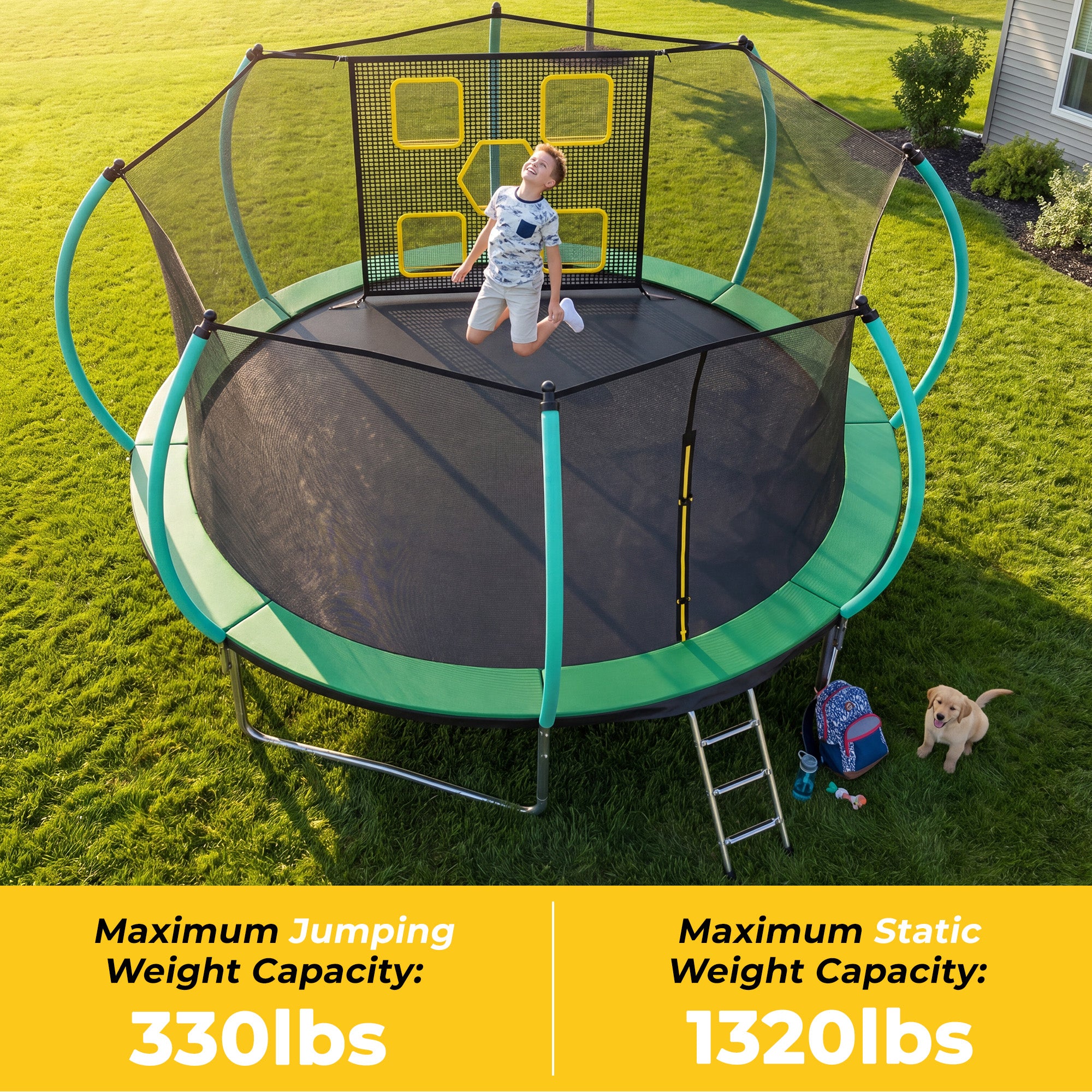 Mersco 14FT Trampoline for Kids with Mulifunctional Target Cloth,Outdoor Recreational Trampolines with Enclosure Net, Ladder for family Fun,Jumping Trampoline SPACE for Boys and Girls Birthday Gifts