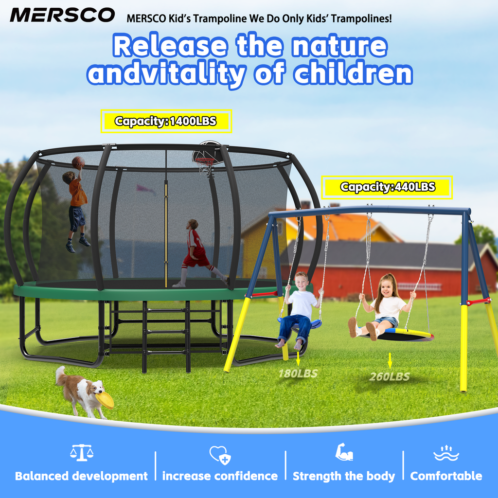Mersco 14FT Heavy Duty Trampoline with Enclosure Net , Swing Set Outdoor Big Trampoline for Backyard, Kids Trampoline with Basketball Hoop, Kids Birthday and Festival Gifts,Green