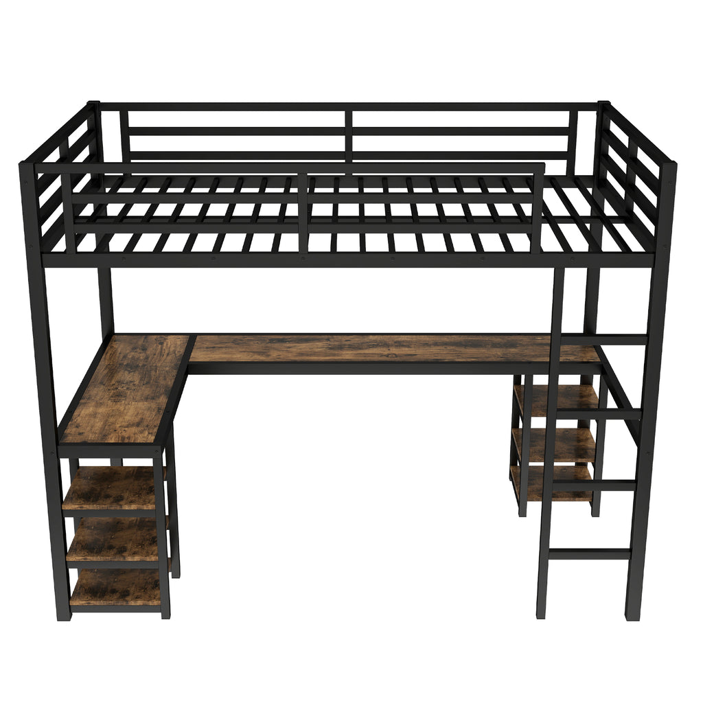 Uiowio Twin XL Metal Loft Bed with L-Shaped Desk Underneath & 6 Shelves & Storage, Space-Saving Bed Frame with Built-in Ladder & Safety Guardrail, for Teens