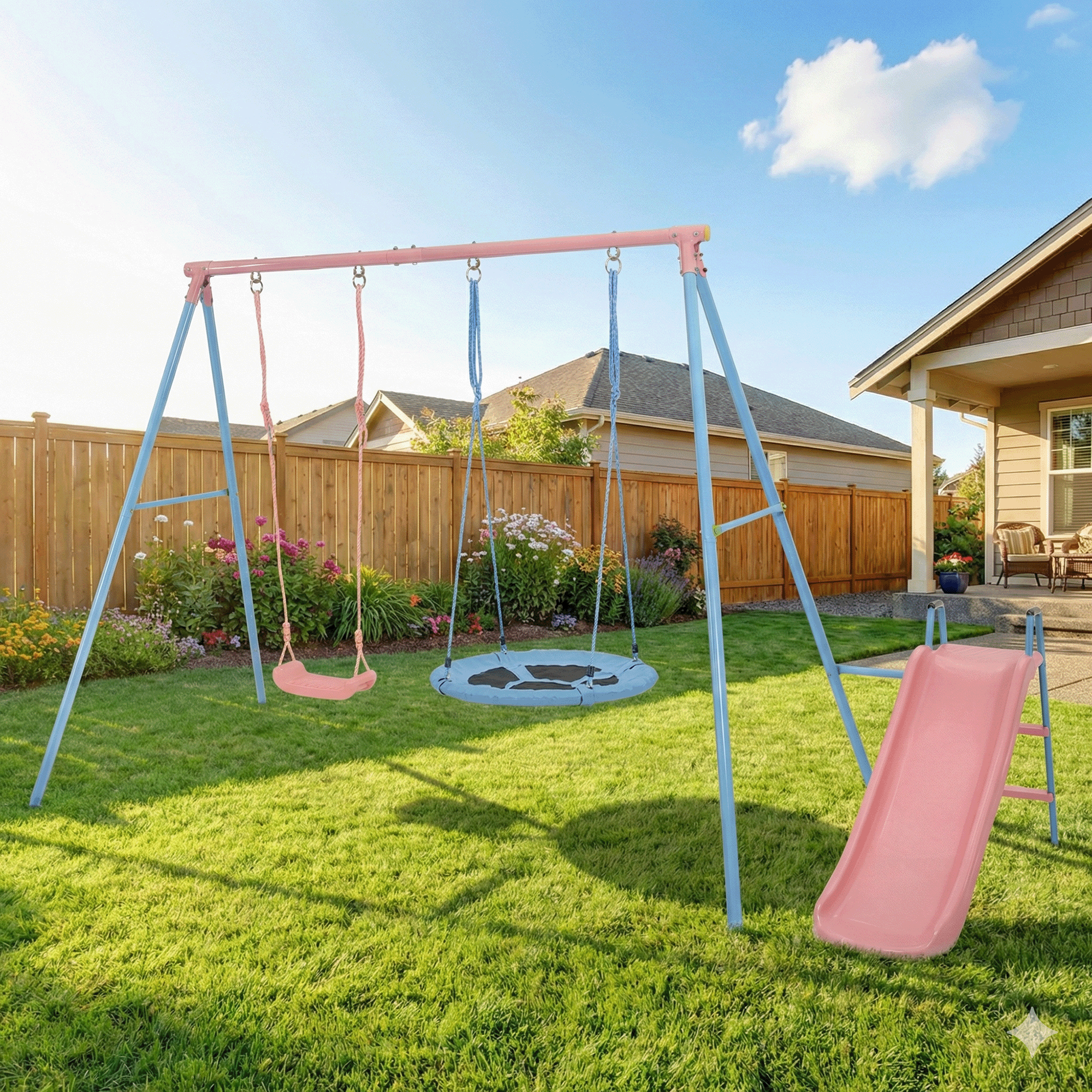 Mersco Baby Swing Set with Slide, 3-in-1 Outdoor Playset for Backyard with Flying Saucer & Classic Swing, Sturdy Metal Frame Playground Swing Set Toy for Kids,Pink