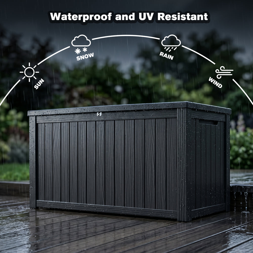 UIOWIO Deck Box Outdoor Storage ,Resin Deck Boxes Outdoor Waterproof UV Resistant with Hundles,Outside Lockable Toy Storage for Pool ,Patio Furniture and Sports Equipment,Black