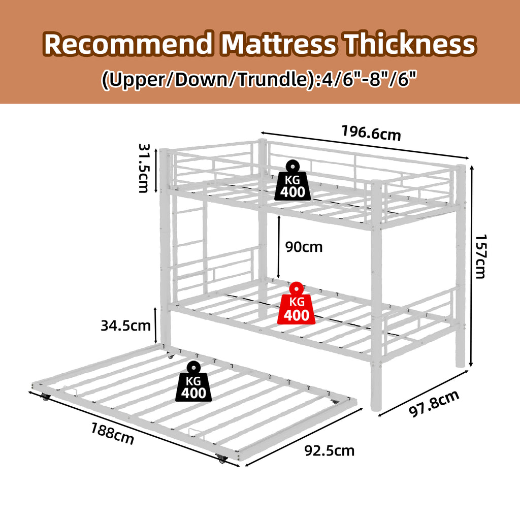 Kdymod Triple Bunk Bed Twin over Twin with Trundle,Triple Twin Bunk Bed with Ladder & Guardrail,Metal Convertible Triple Bunk Bed Frame for Teen & Adult,Bedroom,Dorm,White (Mattress not included)