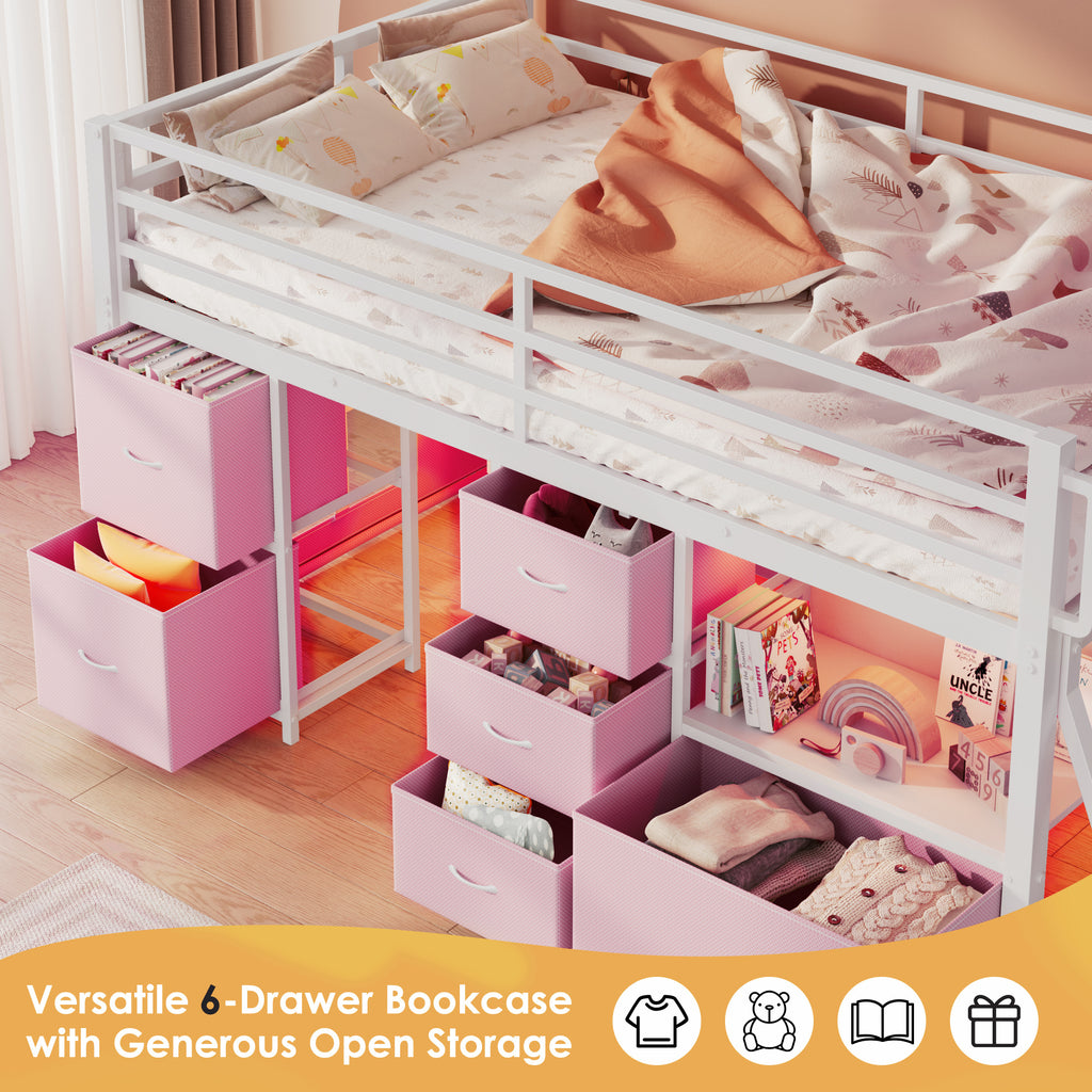 Kdymod Twin Loft Bed with 6 Storage Drawers & Shelf, Loft Bed with LED Lights & Play Curtain, Metal Loft Bed Frame with Ladder & Safety Guardrail, Pink