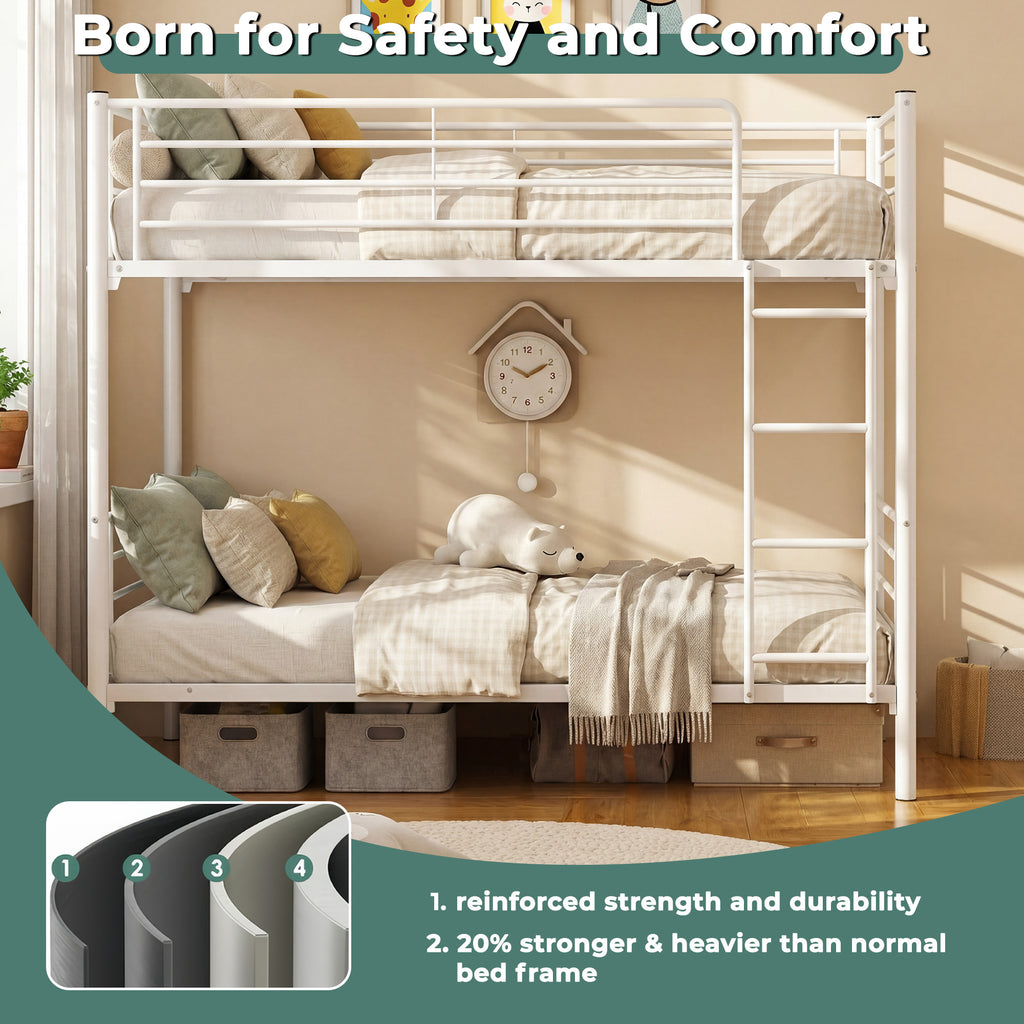 Uiowio Twin over Twin Metal Bunk Bed with Built-in Ladder & Safety Guardrail, Space-Saving Bunk Beds Frame with Storage for Bedroom & Dorm Room, Black