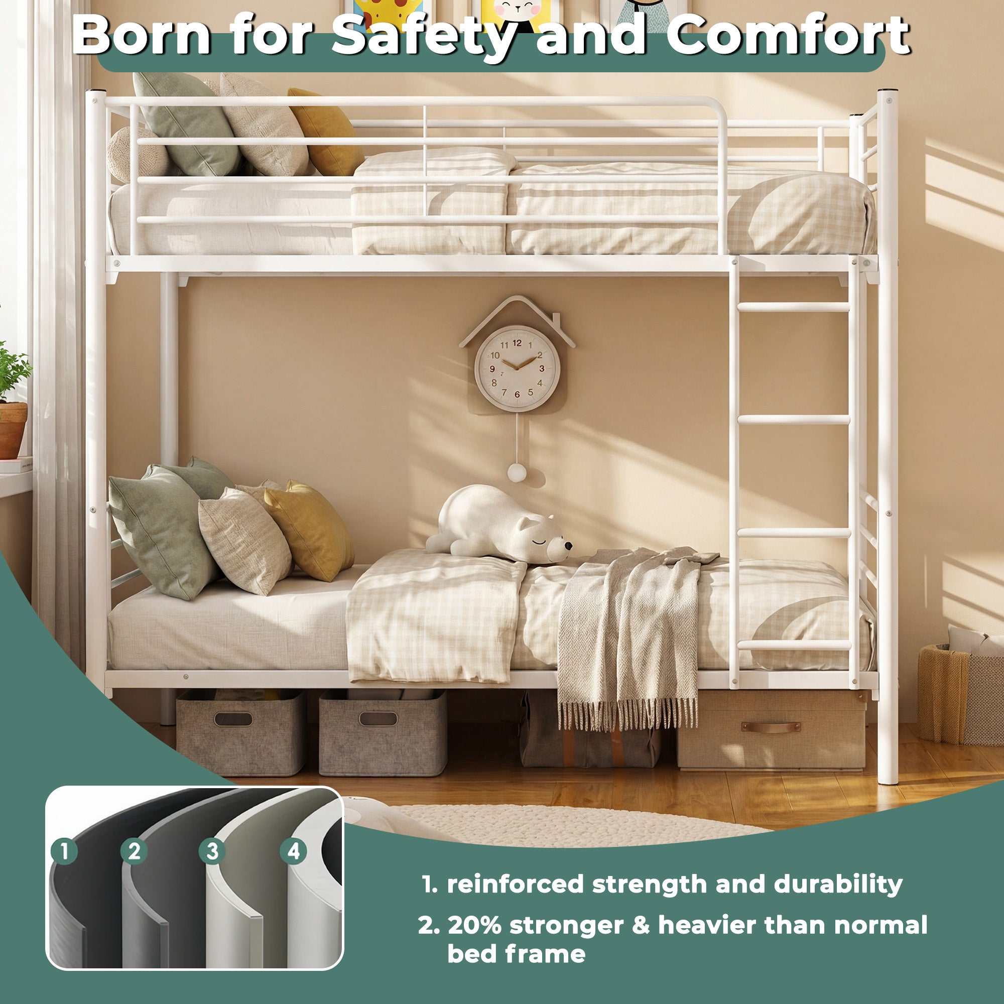 Uiowio Twin over Twin Metal Bunk Bed with Built-in Ladder & Safety Guardrail, Space-Saving Bunk Beds Frame with Storage for Bedroom & Dorm Room, Black