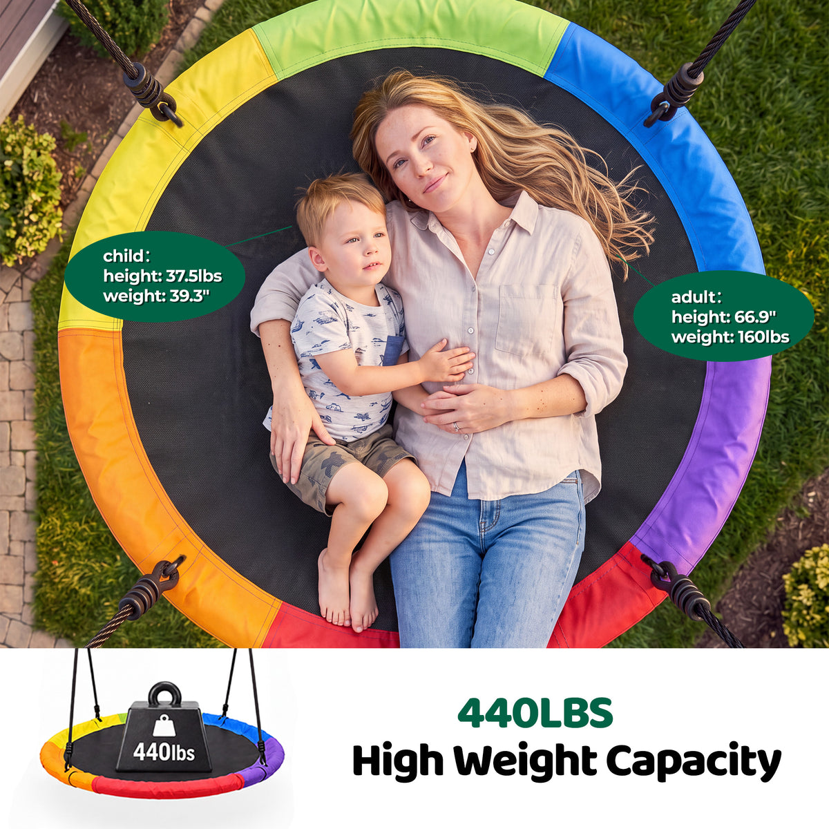 Mersco 60" Saucer Swing with Stand for Adults & Kids, Extra-Large Detachable Round Swing, 440 lbs Heavy-Duty A-Frame for Small Backyards & Camping,Green