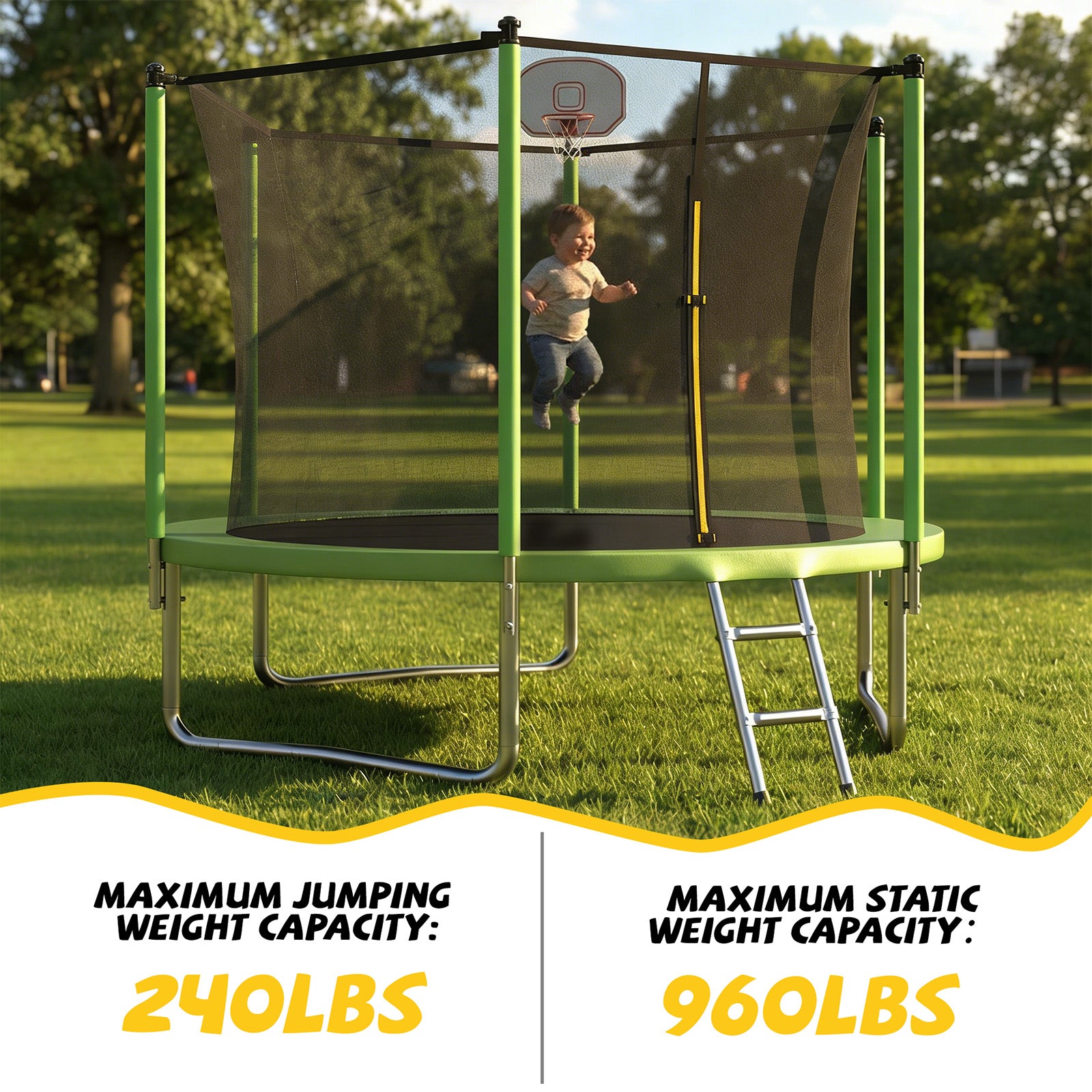 Mersco 10ft Trampoline for Kids,Outdoor Trampoline with Enclosure,Basketball Hoop and Ladder,Upright-Poled Backyard Trampoline PLAY for Family Fun,Birthday Gifts,Green