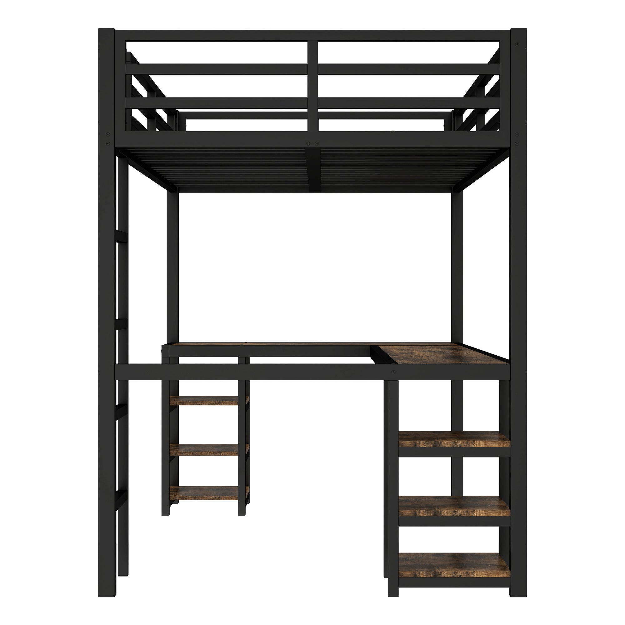 Uiowio Twin XL Metal Loft Bed with L-Shaped Desk Underneath & 6 Shelves & Storage, Space-Saving Bed Frame with Built-in Ladder & Safety Guardrail, for Teens