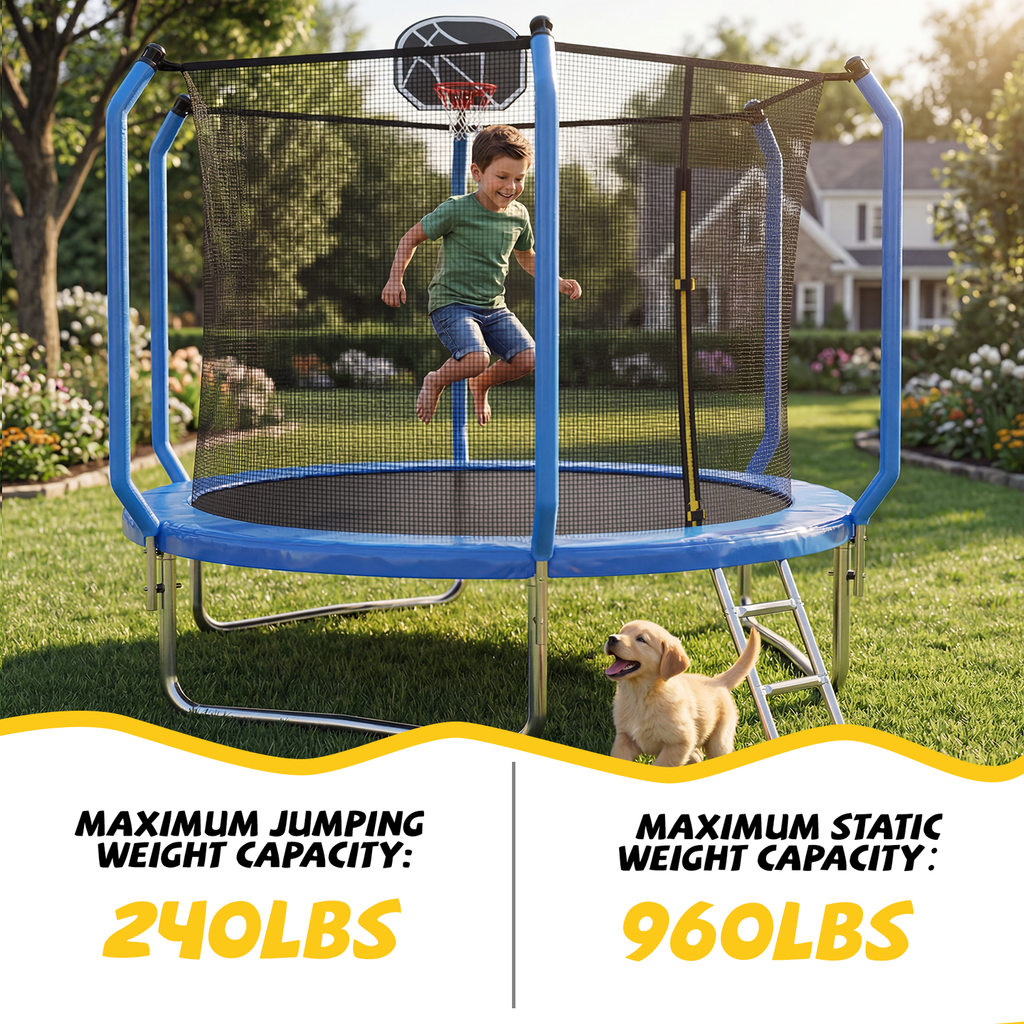 Mersco 8ft Trampoline for Kids and Adults,No-Gap Design Outdoor Trampoline with Basketball Hoop,Enclosure Net and Ladder,Jumping Trampoline SUPER for Boys and Girls Birthday Gift,Blue