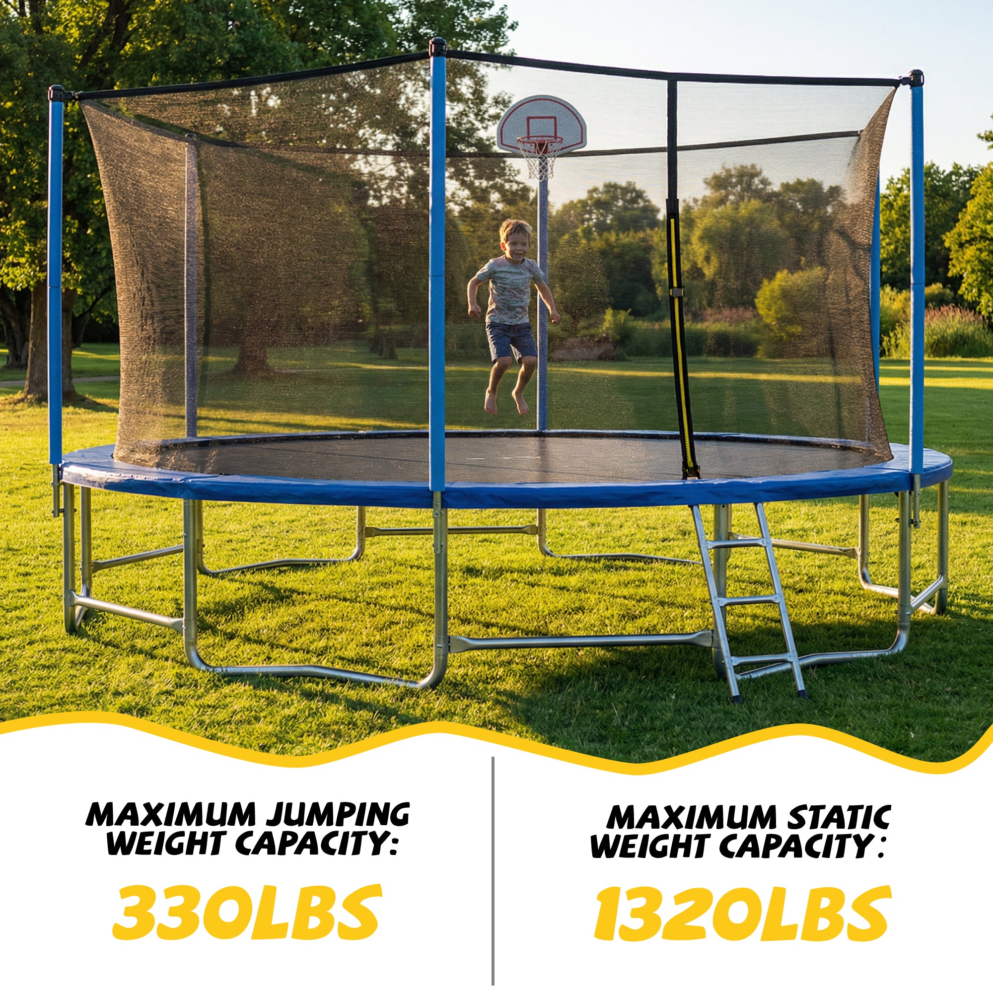 Mersco 16ft Trampoline for Kids and Adults,Outdoor Trampoline with Enclosure,Basketball Hoop and Ladder,Upright-Poled Backyard Trampoline,Jumping Trampoline PLAY for Boys and Girls Birthday Gift,Blue