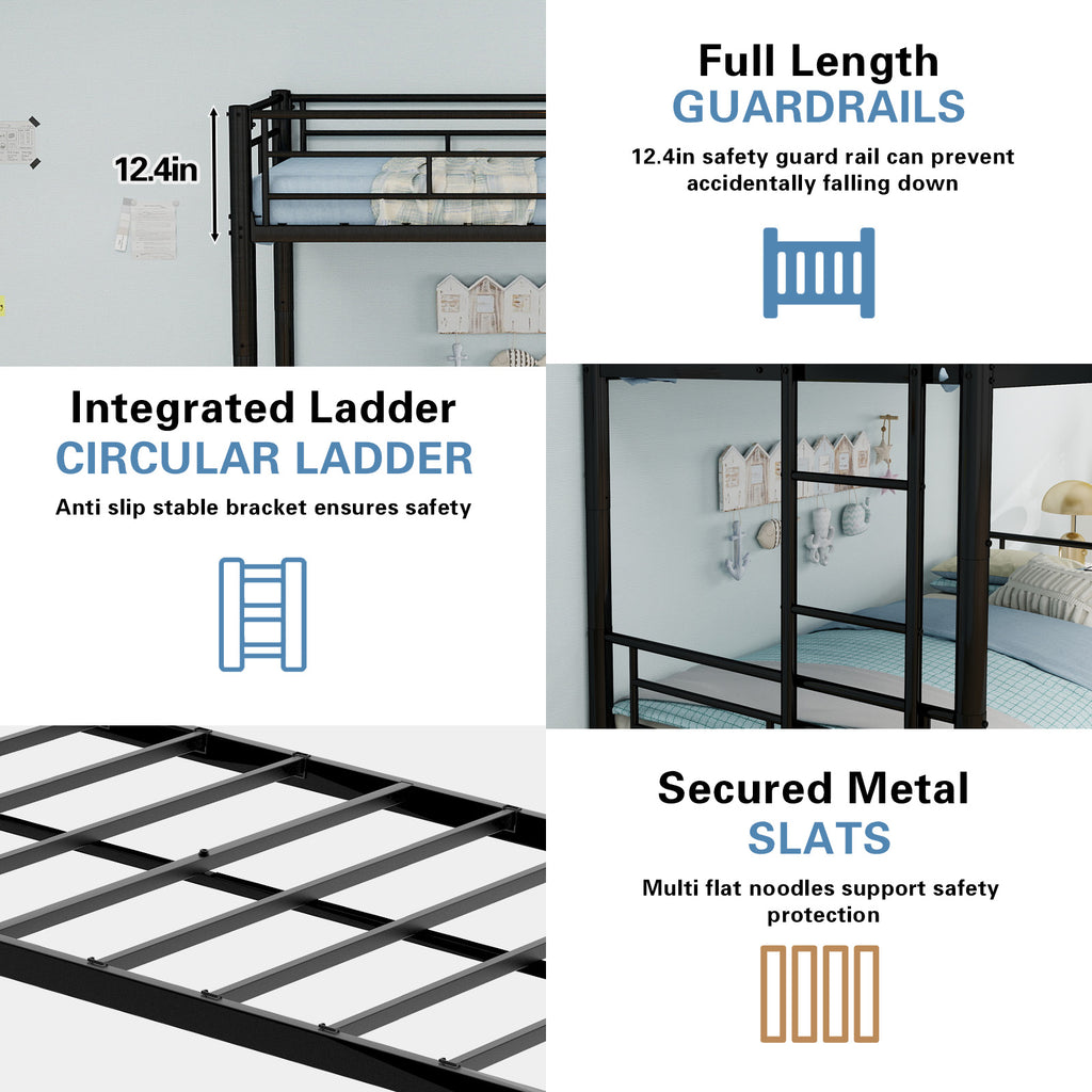 Kdymod Triple Bunk Bed Twin over Twin with Twin Trundle, Bunk Bed with Convertible 2-in-1 Design, Metal Bunk Bed Frame with Ladder & Safety Guardrail, Space-Saving for Teens and Adults, Black