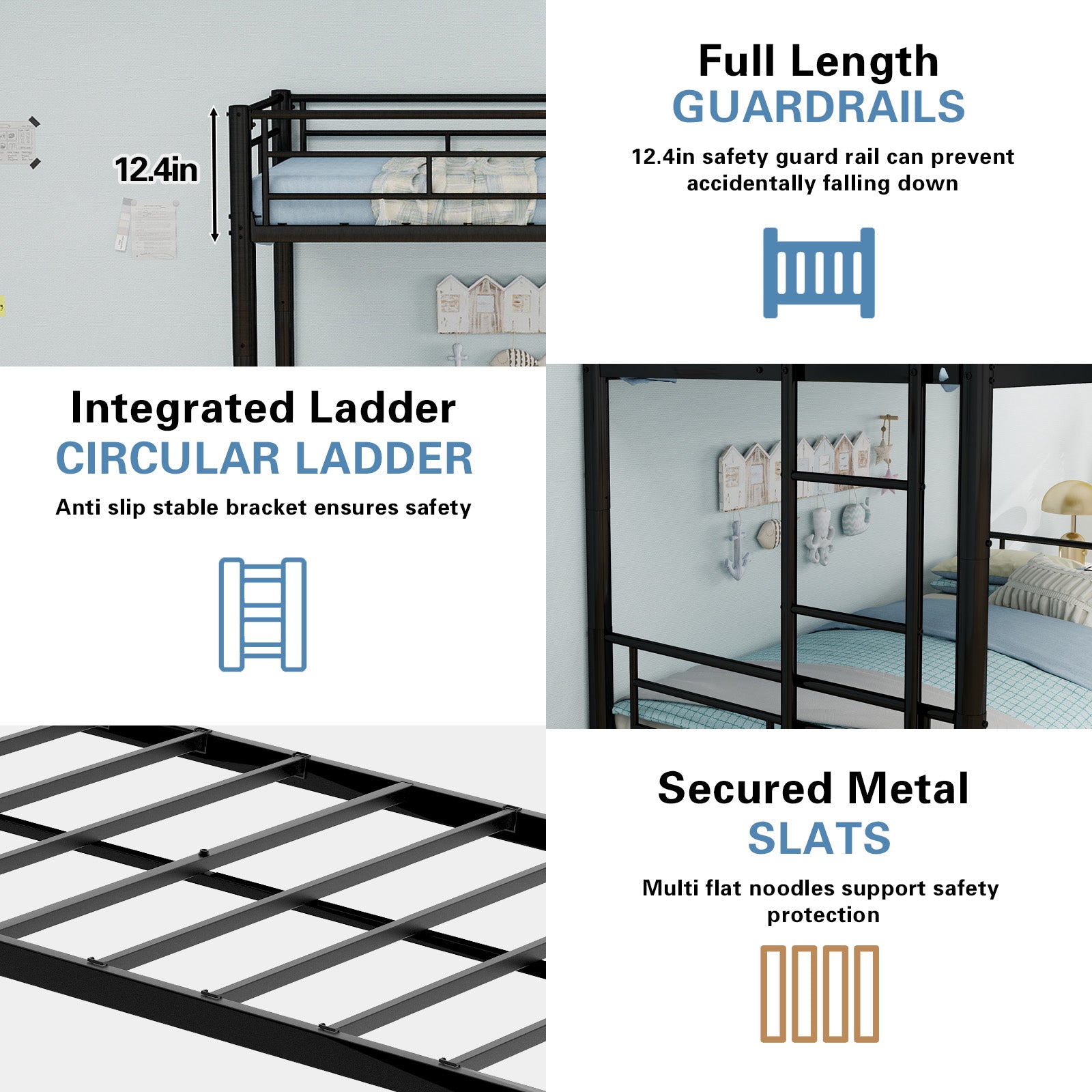 Kdymod Triple Bunk Bed Twin over Twin with Twin Trundle, Bunk Bed with Convertible 2-in-1 Design, Metal Bunk Bed Frame with Ladder & Safety Guardrail, Space-Saving for Teens and Adults, Black