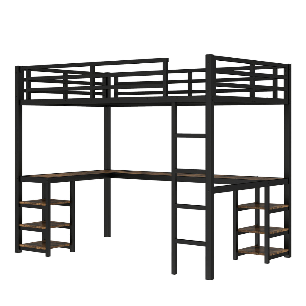 Uiowio Twin XL Metal Loft Bed with L-Shaped Desk Underneath & 6 Shelves & Storage, Space-Saving Bed Frame with Built-in Ladder & Safety Guardrail, for Teens